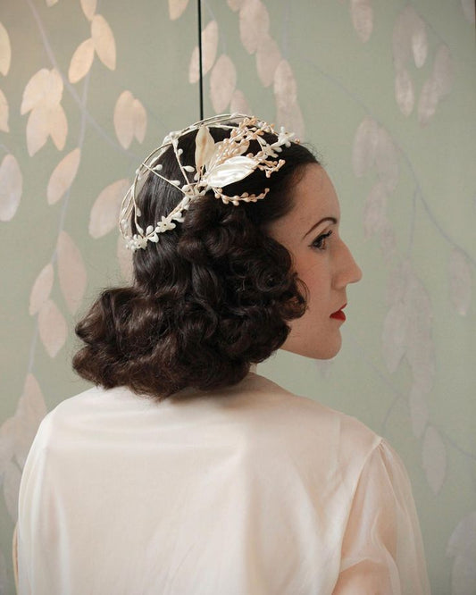 Vintage 20s/30s Ivory Pearl Droplet & Leaf Bridal Crown, Orange Blossom Headpiece