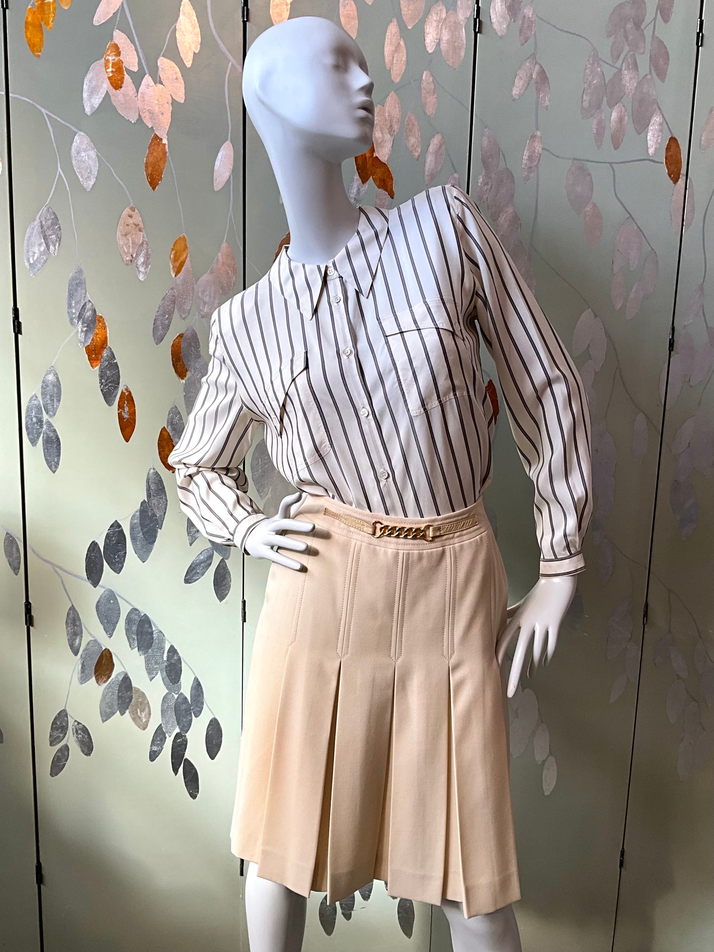 Vintage 1980s Celine Cream Wool Pleated Knee Shirt, Small