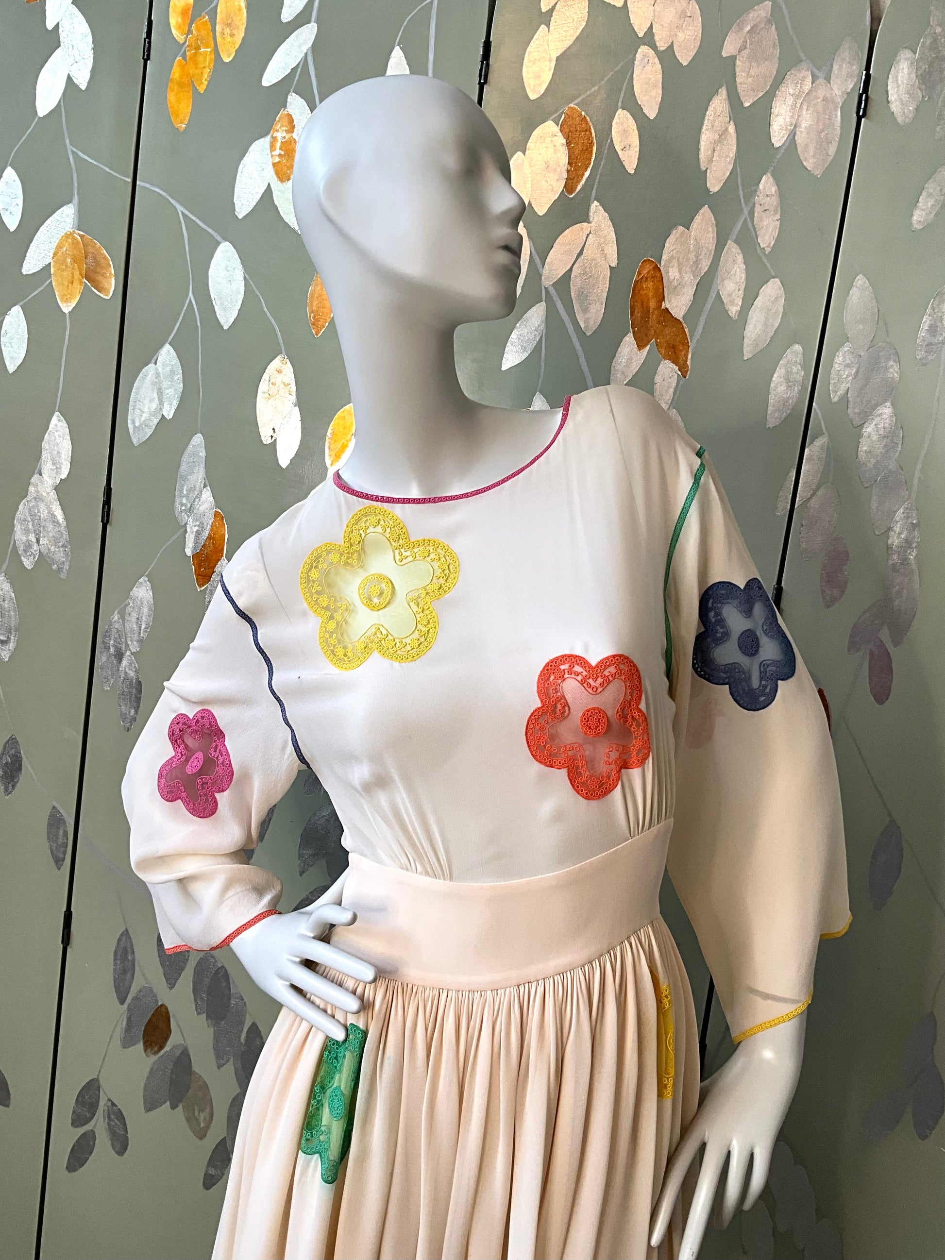 Vintage 1980s Chloe Ivory Silk Chiffon Dress with Colourful Floral Crochet Inserts, Small