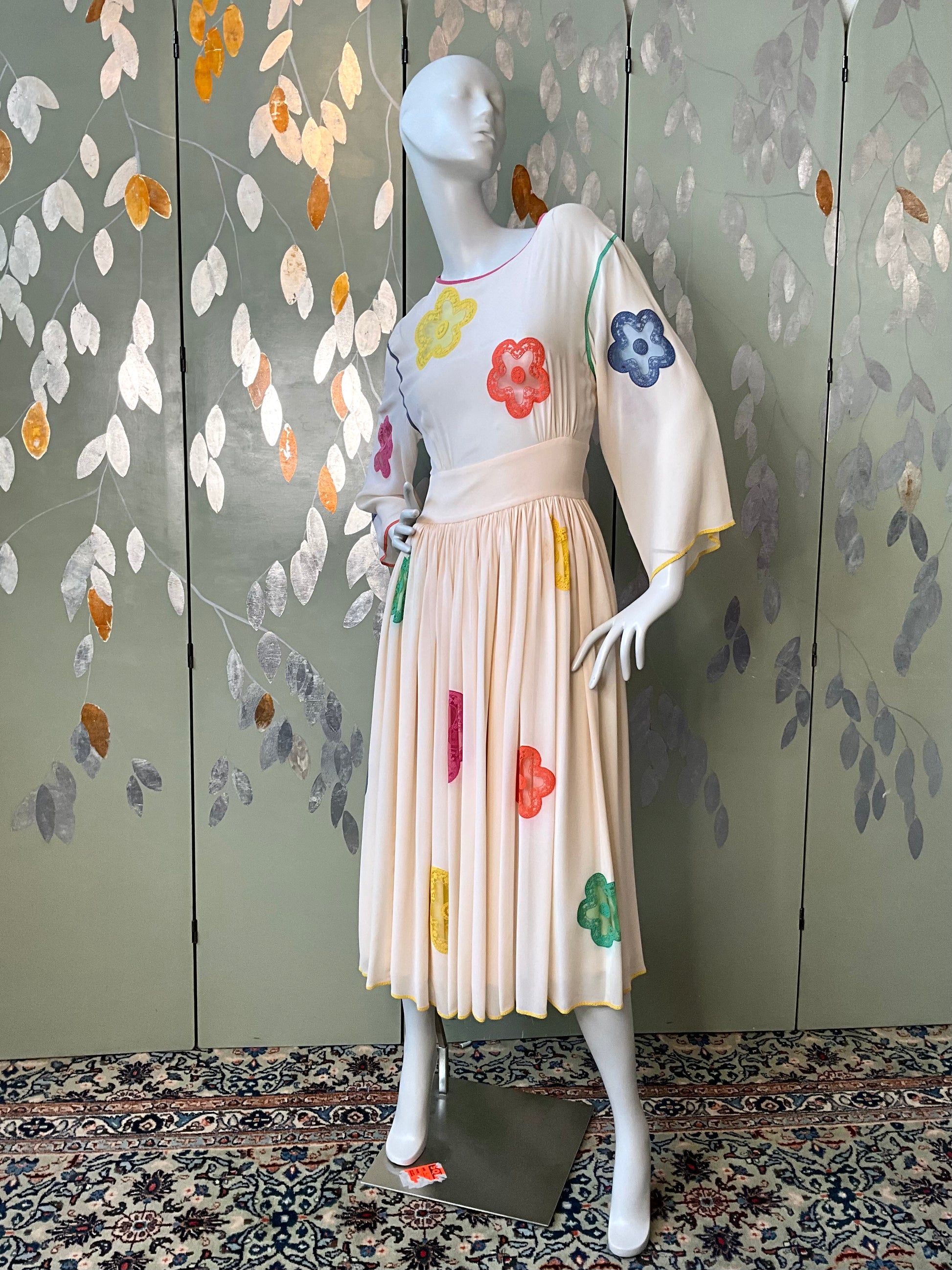 Vintage 1980s Chloe Ivory Silk Chiffon Dress with Colourful Floral Crochet Inserts, Small