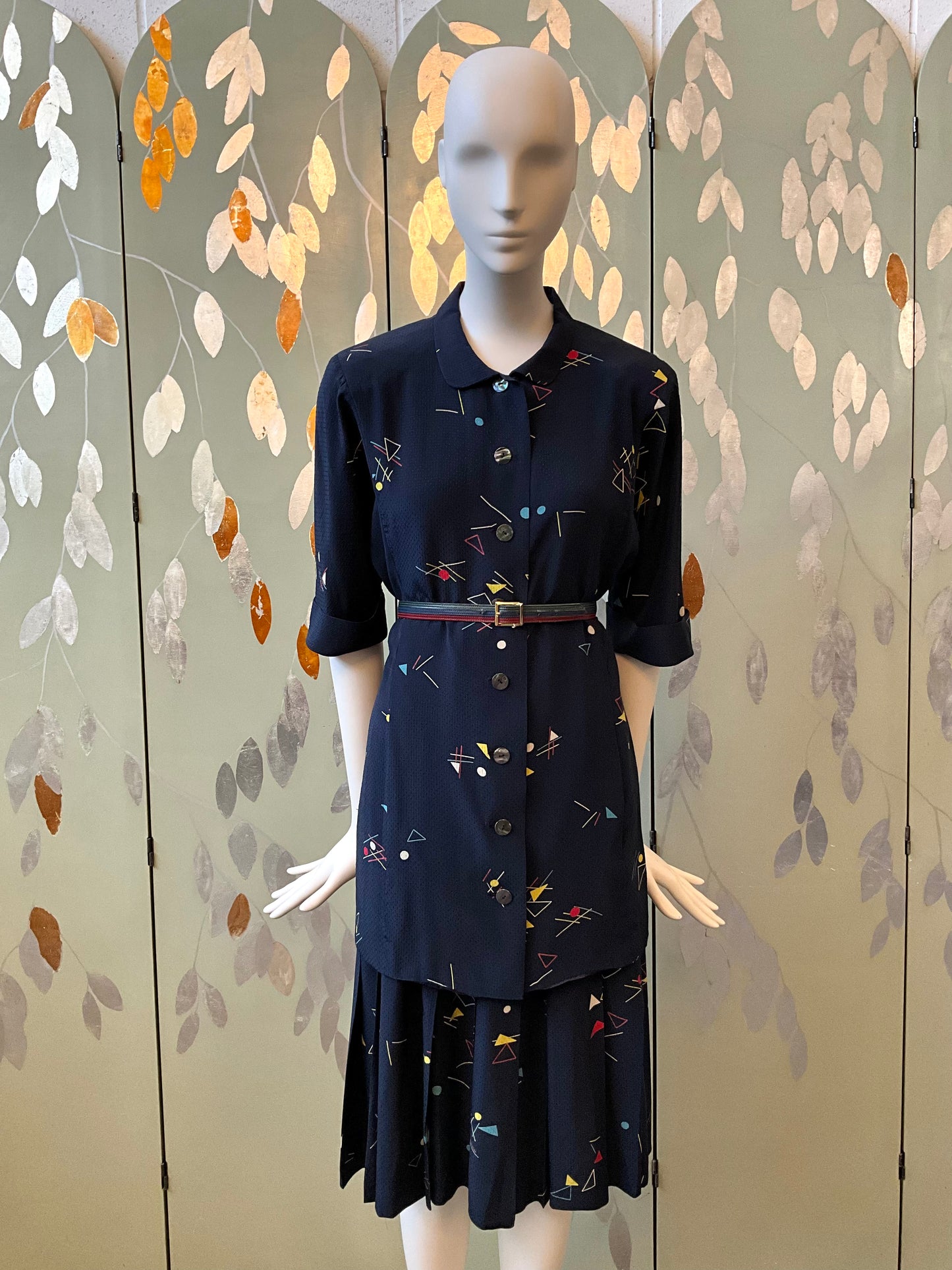 Vintage 1980s Chloe Navy Blue Silk Print Pleated Skirt and Long Blouse Set, S/M