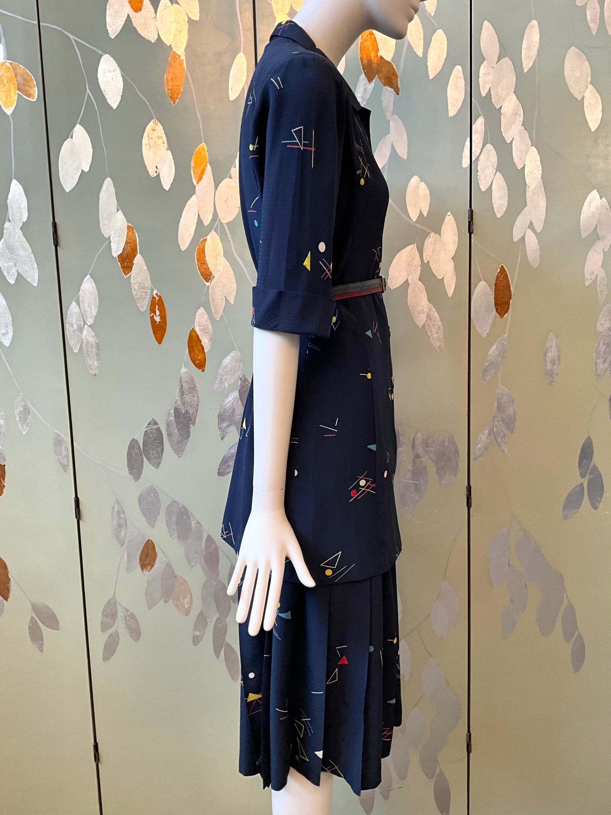 Vintage 1980s Chloe Navy Blue Silk Print Pleated Skirt and Long Blouse Set, S/M