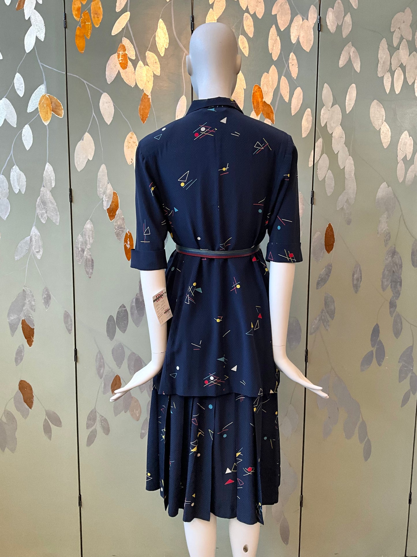 Vintage 1980s Chloe Navy Blue Silk Print Pleated Skirt and Long Blouse Set, S/M