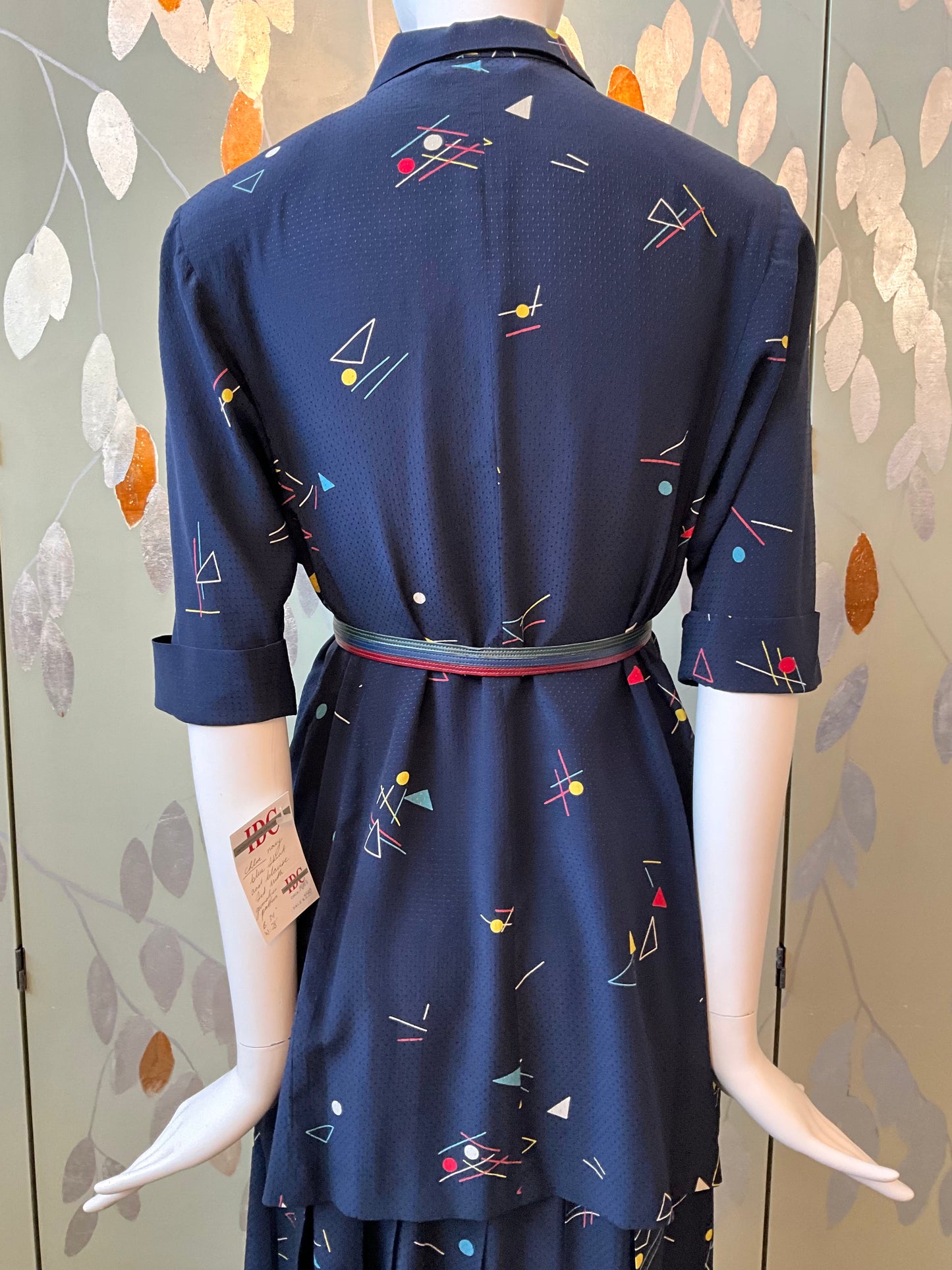 Vintage 1980s Chloe Navy Blue Silk Print Pleated Skirt and Long Blouse Set, S/M
