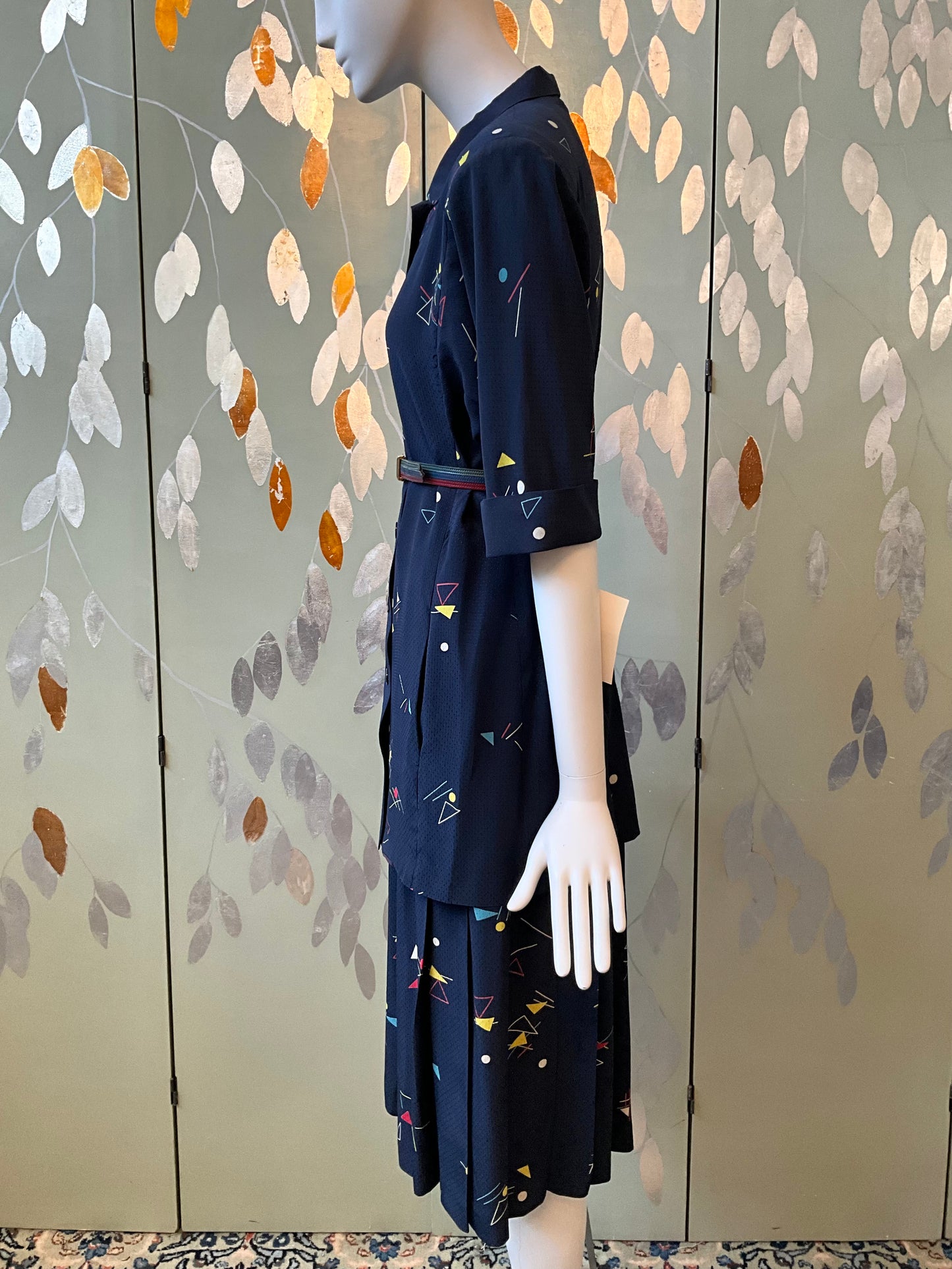Vintage 1980s Chloe Navy Blue Silk Print Pleated Skirt and Long Blouse Set, S/M