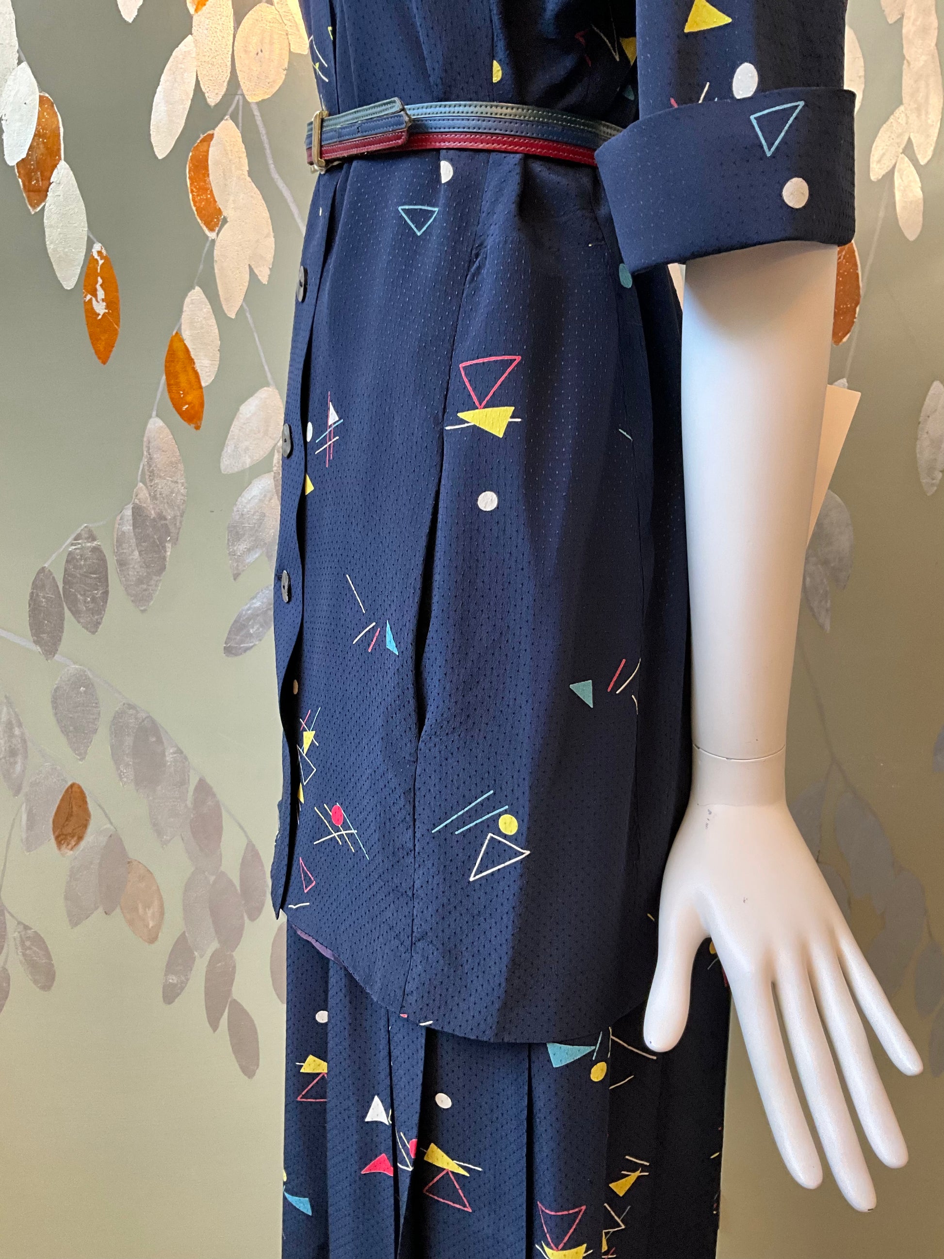 Vintage 1980s Chloe Navy Blue Silk Print Pleated Skirt and Long Blouse Set, S/M