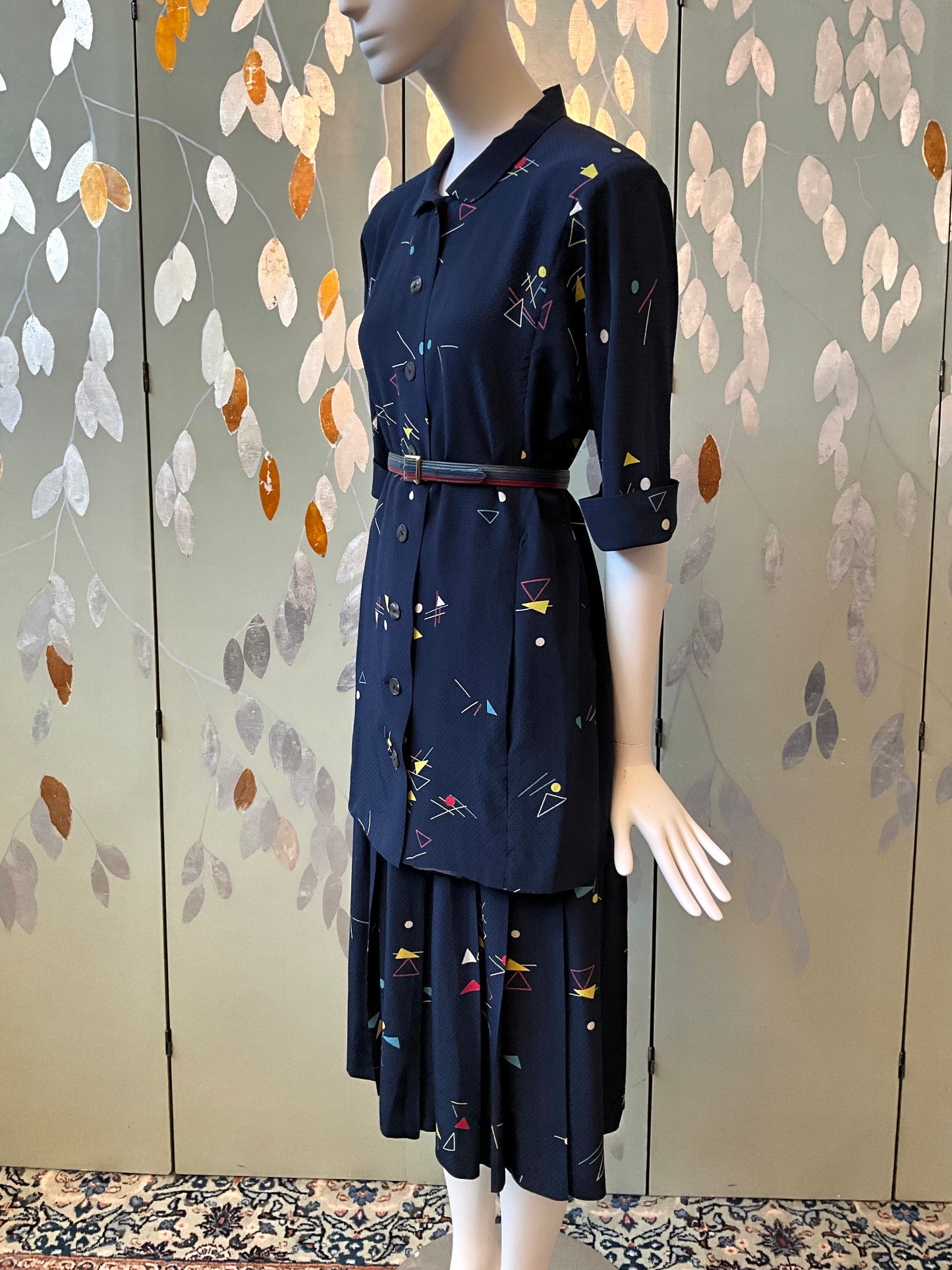 Vintage 1980s Chloe Navy Blue Silk Print Pleated Skirt and Long Blouse Set, S/M