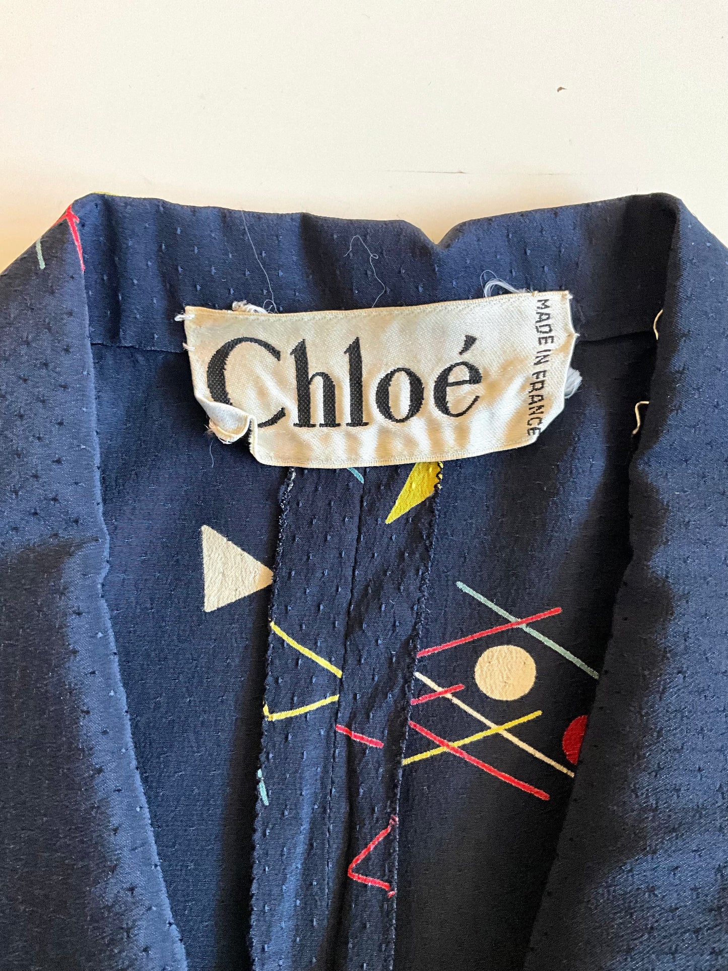 Vintage 1980s Chloe Navy Blue Silk Print Pleated Skirt and Long Blouse Set, S/M
