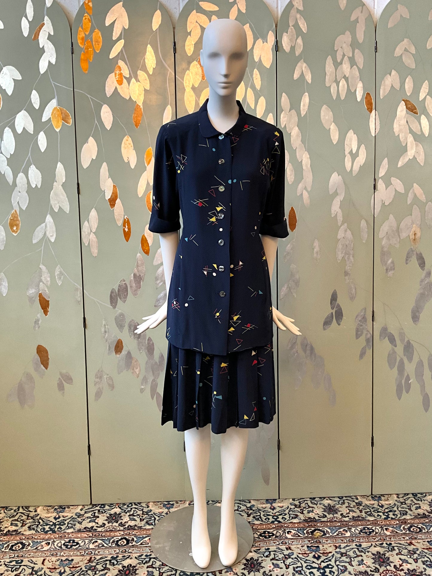 Vintage 1980s Chloe Navy Blue Silk Print Pleated Skirt and Long Blouse Set, S/M