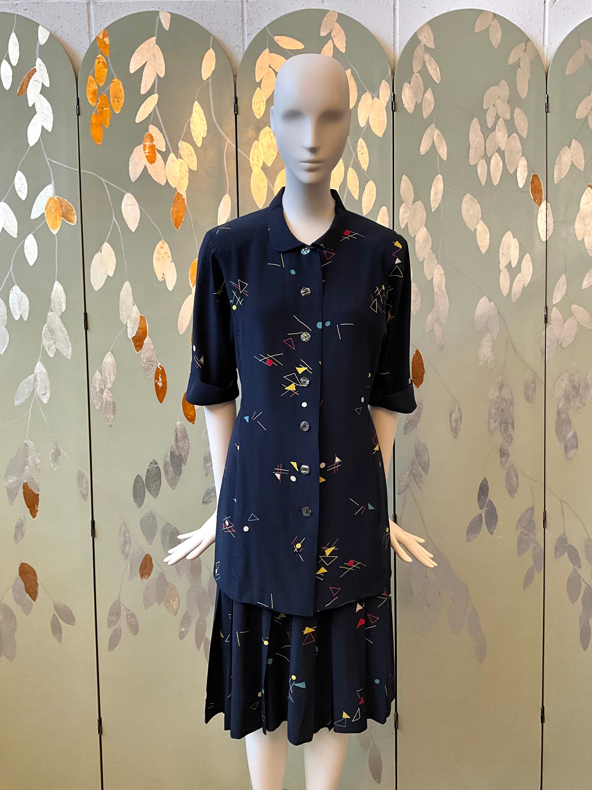 Vintage 1980s Chloe Navy Blue Silk Print Pleated Skirt and Long Blouse Set, S/M