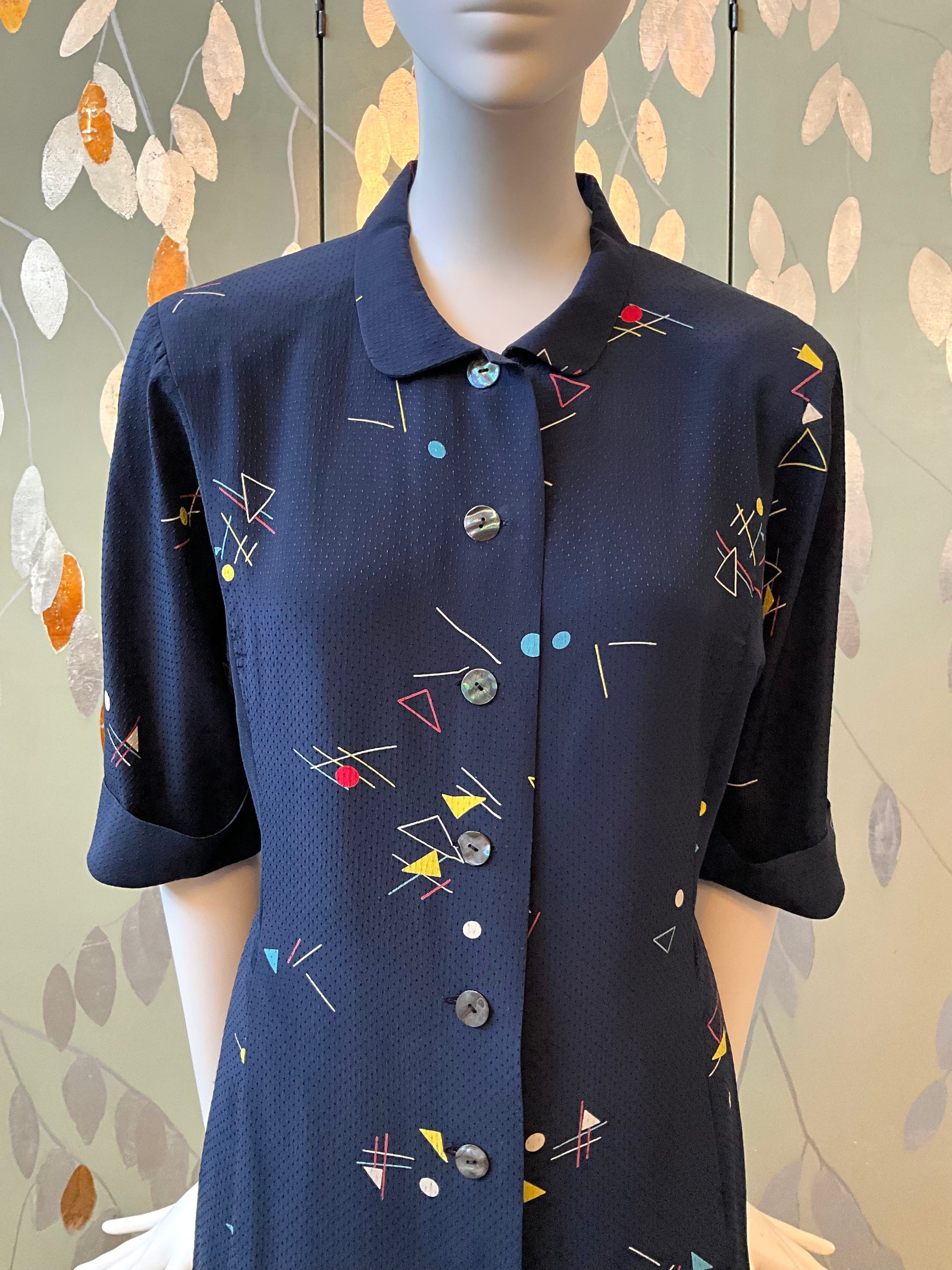 Vintage 1980s Chloe Navy Blue Silk Print Pleated Skirt and Long Blouse Set, S/M