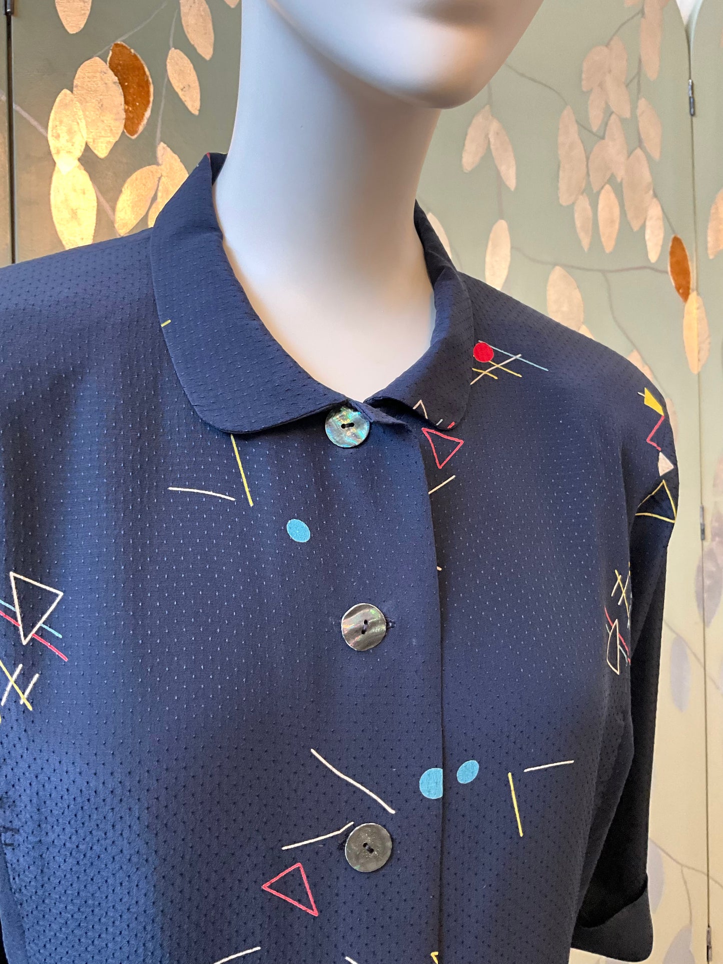 Vintage 1980s Chloe Navy Blue Silk Print Pleated Skirt and Long Blouse Set, S/M