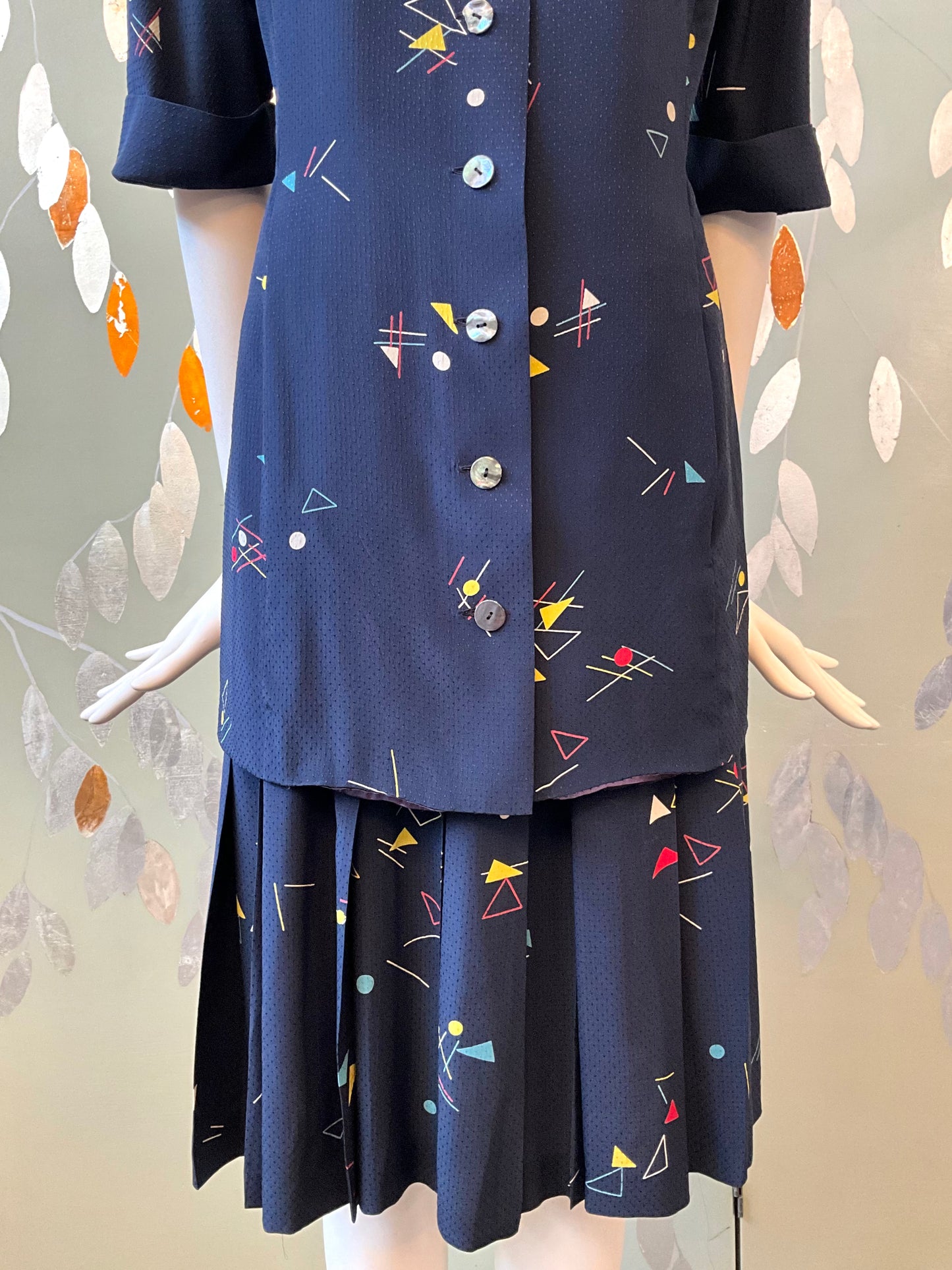 Vintage 1980s Chloe Navy Blue Silk Print Pleated Skirt and Long Blouse Set, S/M