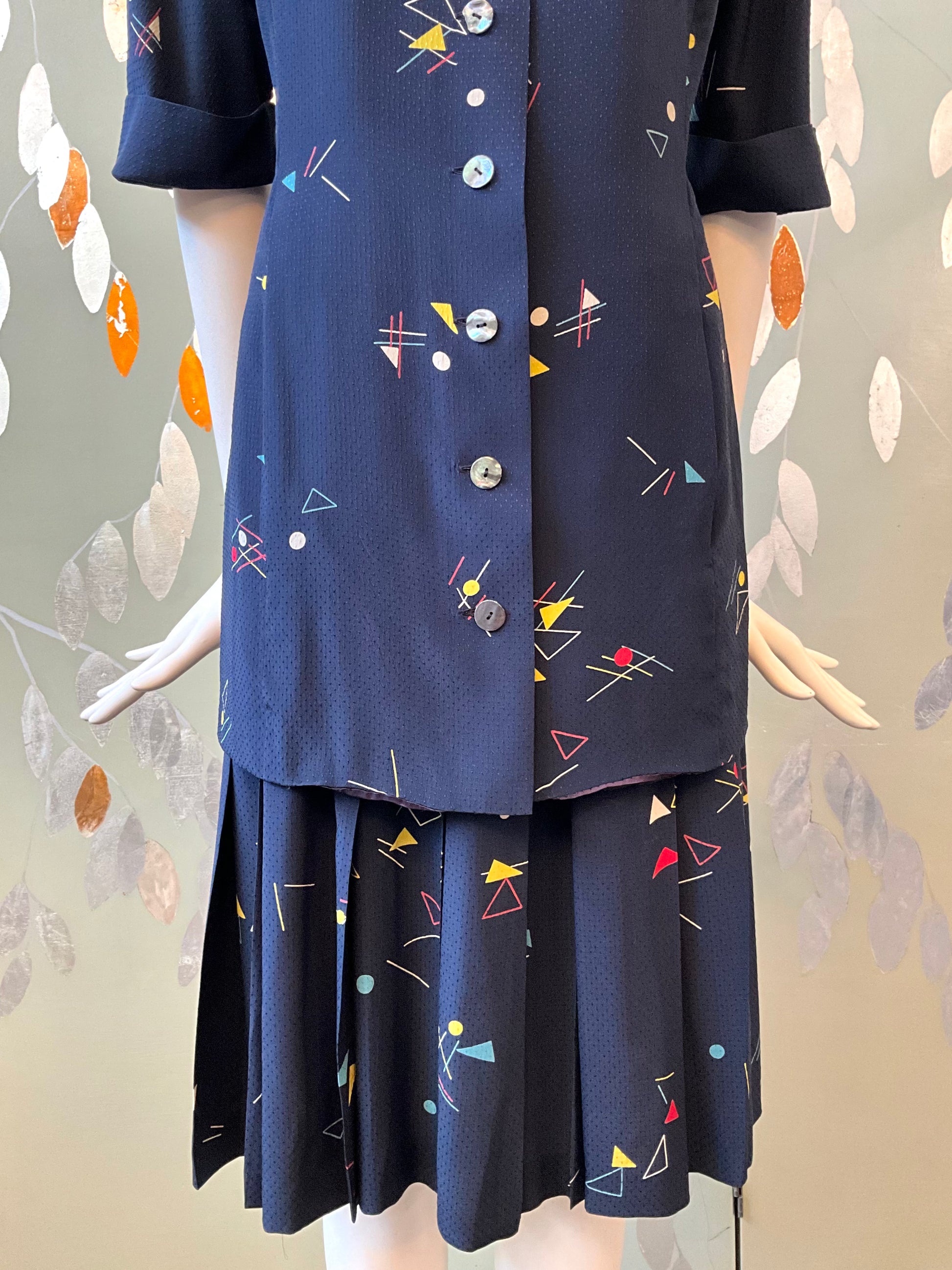 Vintage 1980s Chloe Navy Blue Silk Print Pleated Skirt and Long Blouse Set, S/M