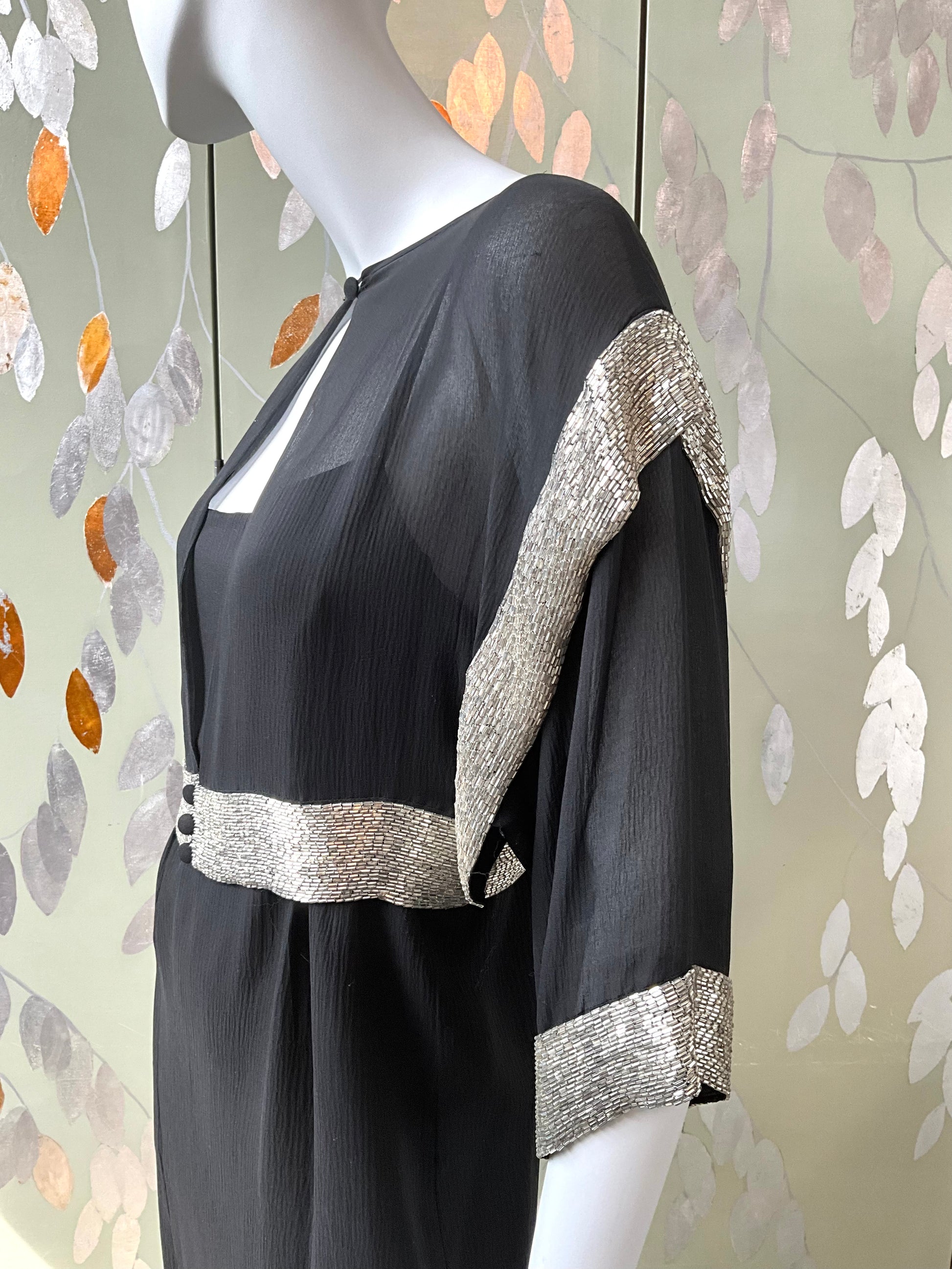 Vintage 1980s Chloe Black Silk Beaded Jacket and Dress Set, Medium