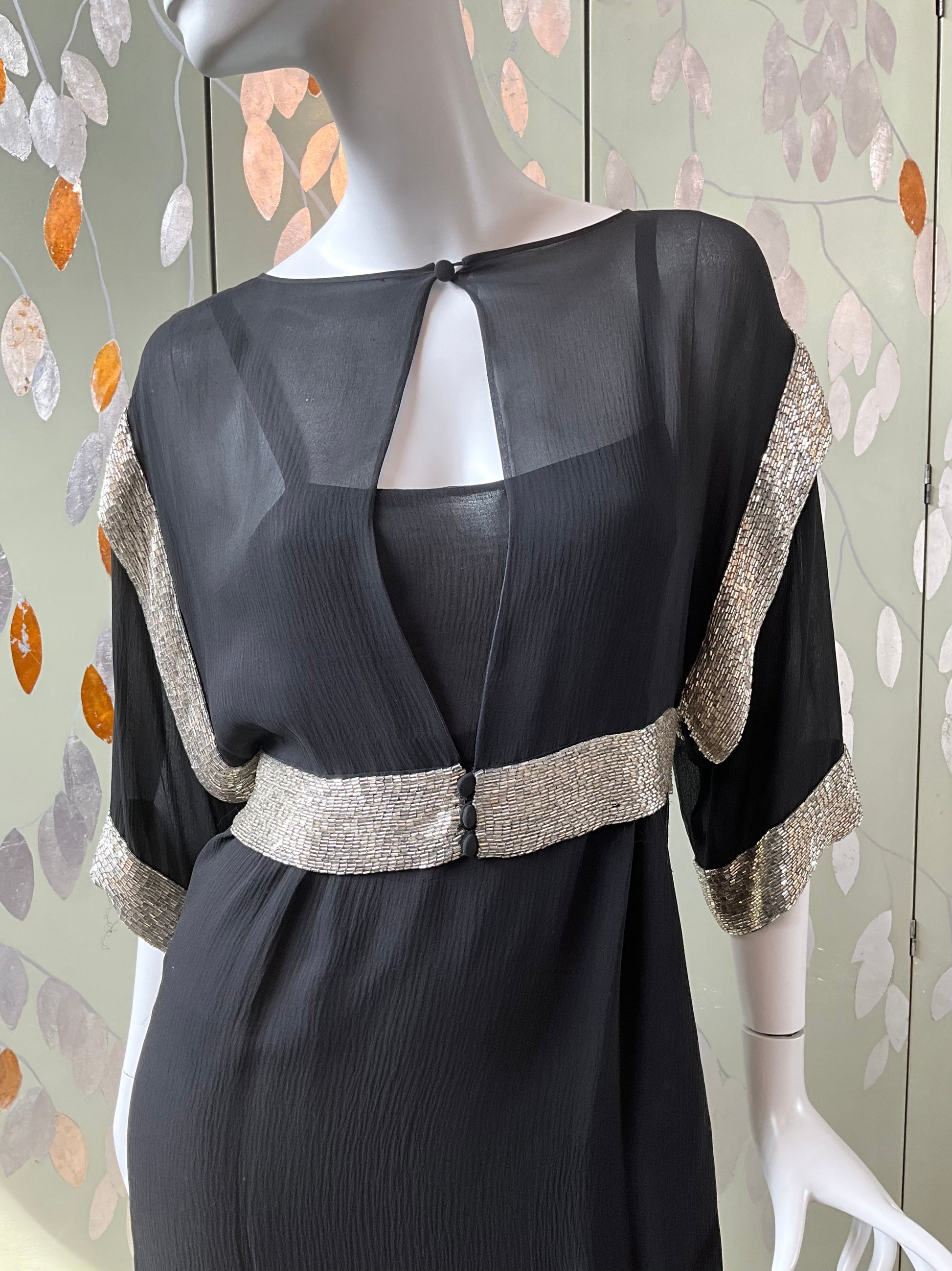 Vintage 1980s Chloe Black Silk Beaded Jacket and Dress Set, Medium