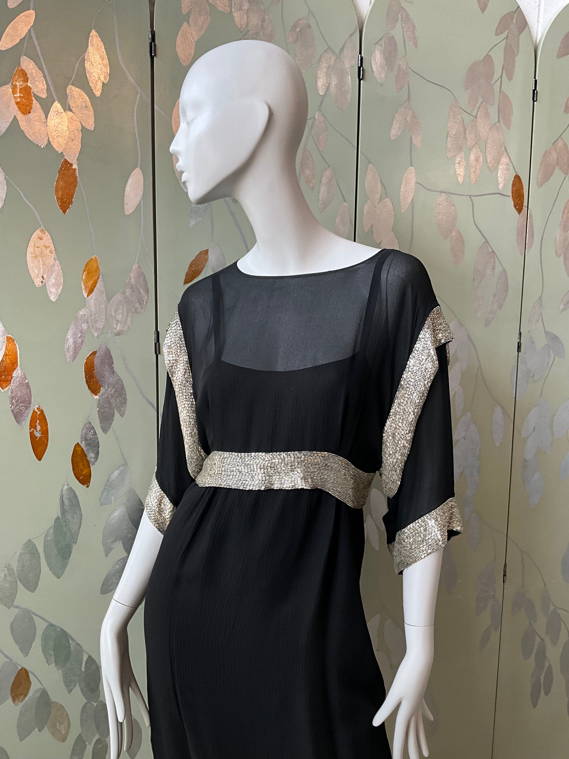 Vintage 1980s Chloé Black Silk Beaded Jacket and Dress Set, Medium