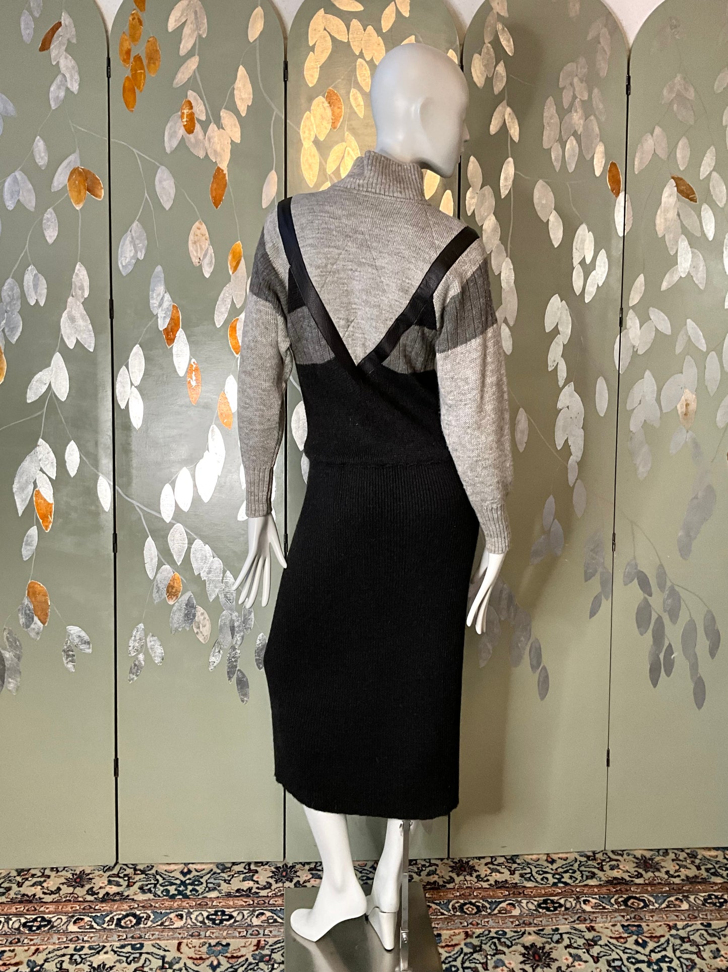 Vintage 1980s Claude Montana Grey and Black Knit Mock Neck Sweater Dress, Medium 