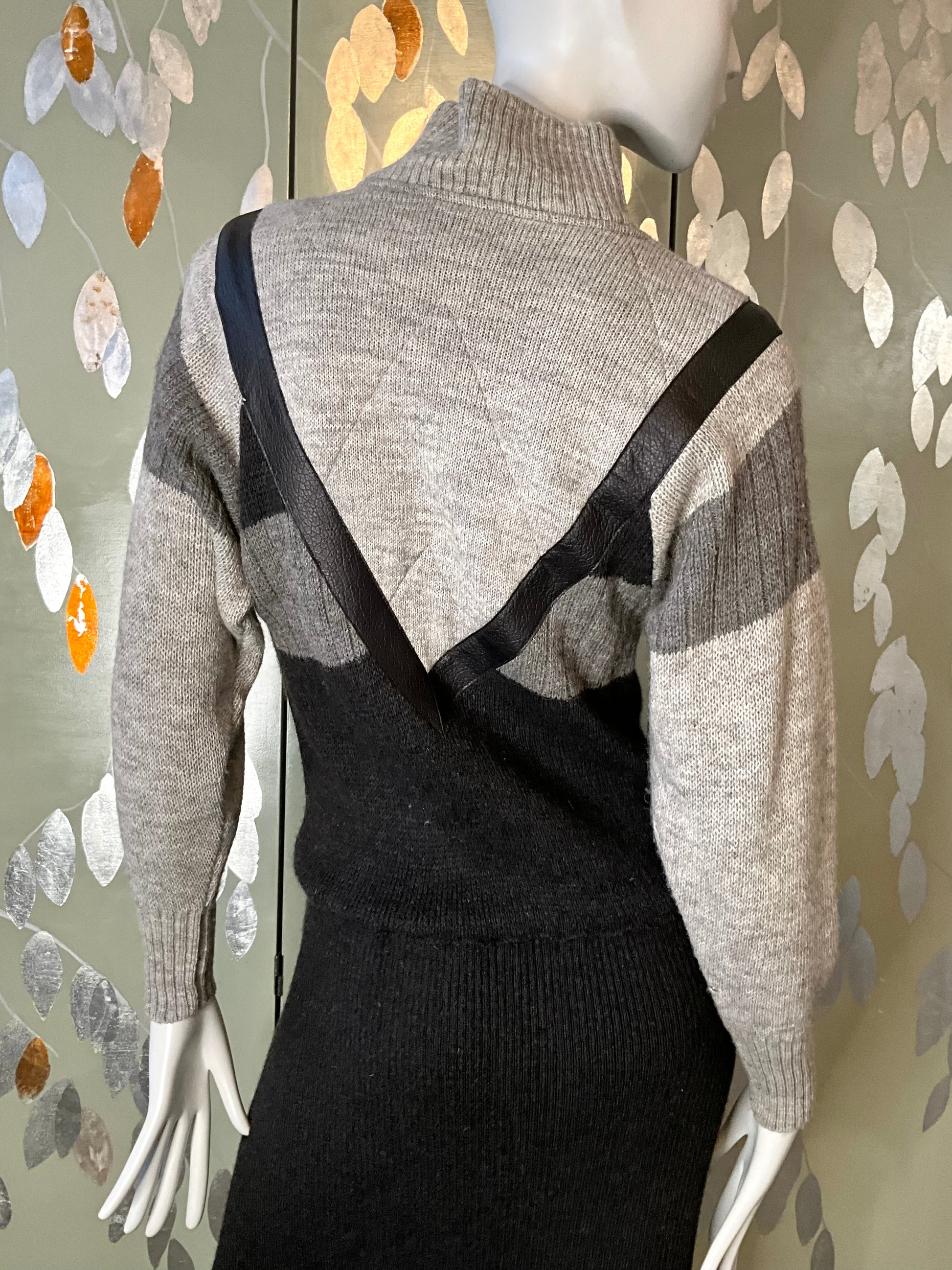 Vintage 1980s Claude Montana Grey and Black Knit Mock Neck Sweater Dress, Medium 