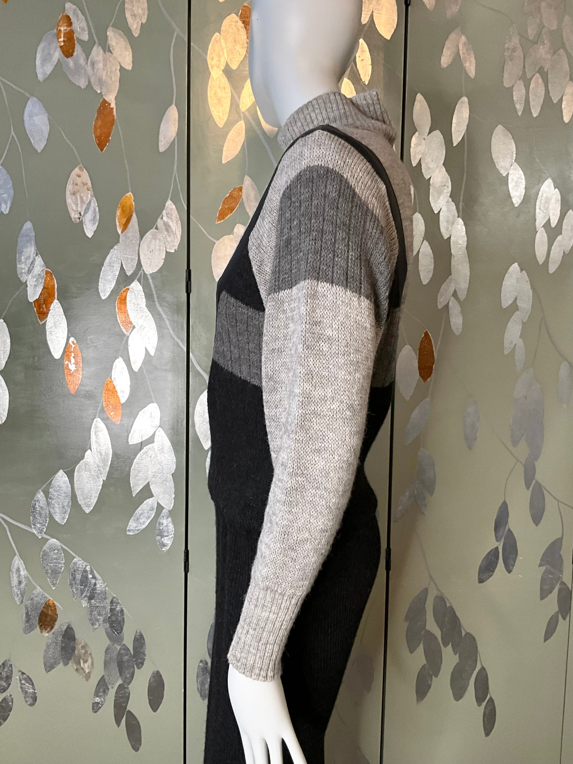 Vintage 1980s Claude Montana Grey and Black Knit Mock Neck Sweater Dress, Medium 