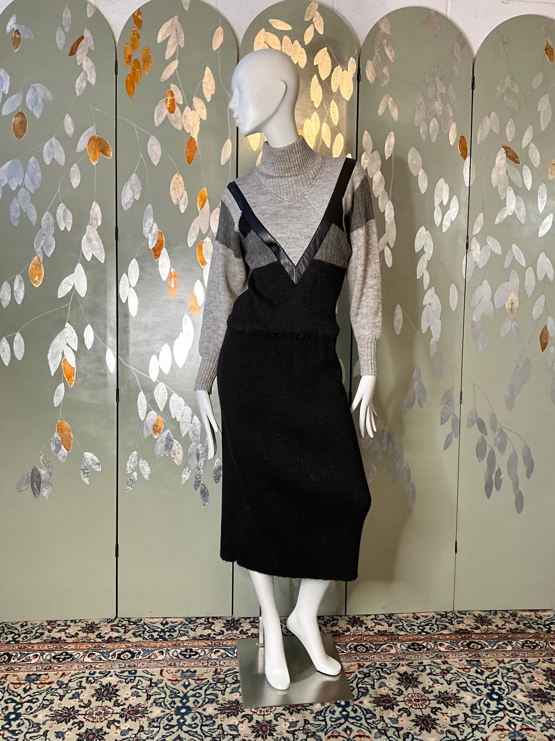 Vintage 1980s Claude Montana Grey and Black Knit Mock Neck Sweater Dress, Medium 