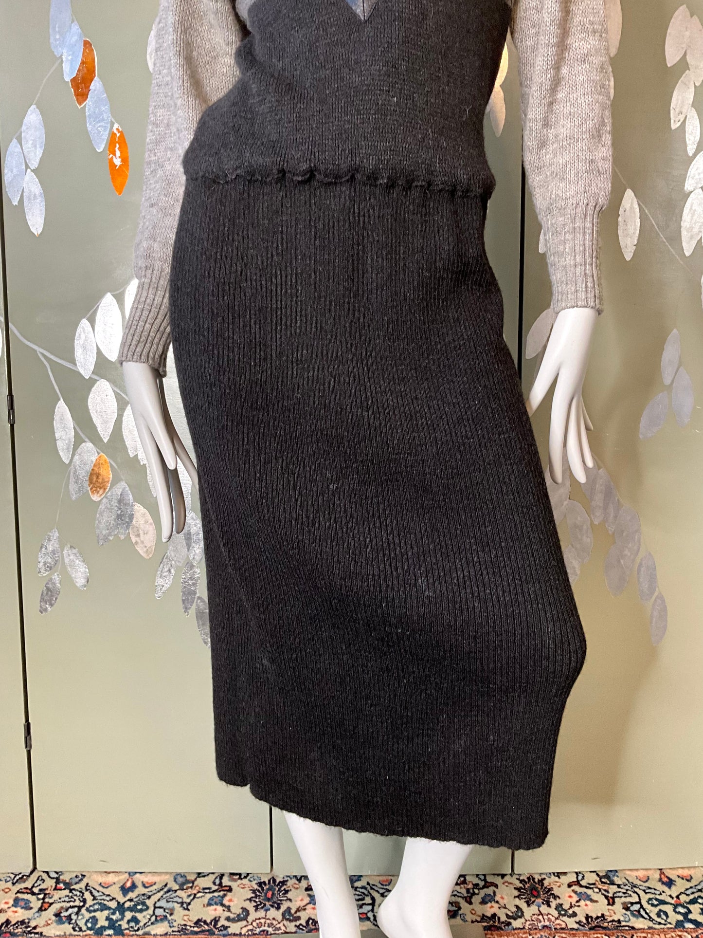 Vintage 1980s Claude Montana Grey and Black Knit Mock Neck Sweater Dress, Medium 