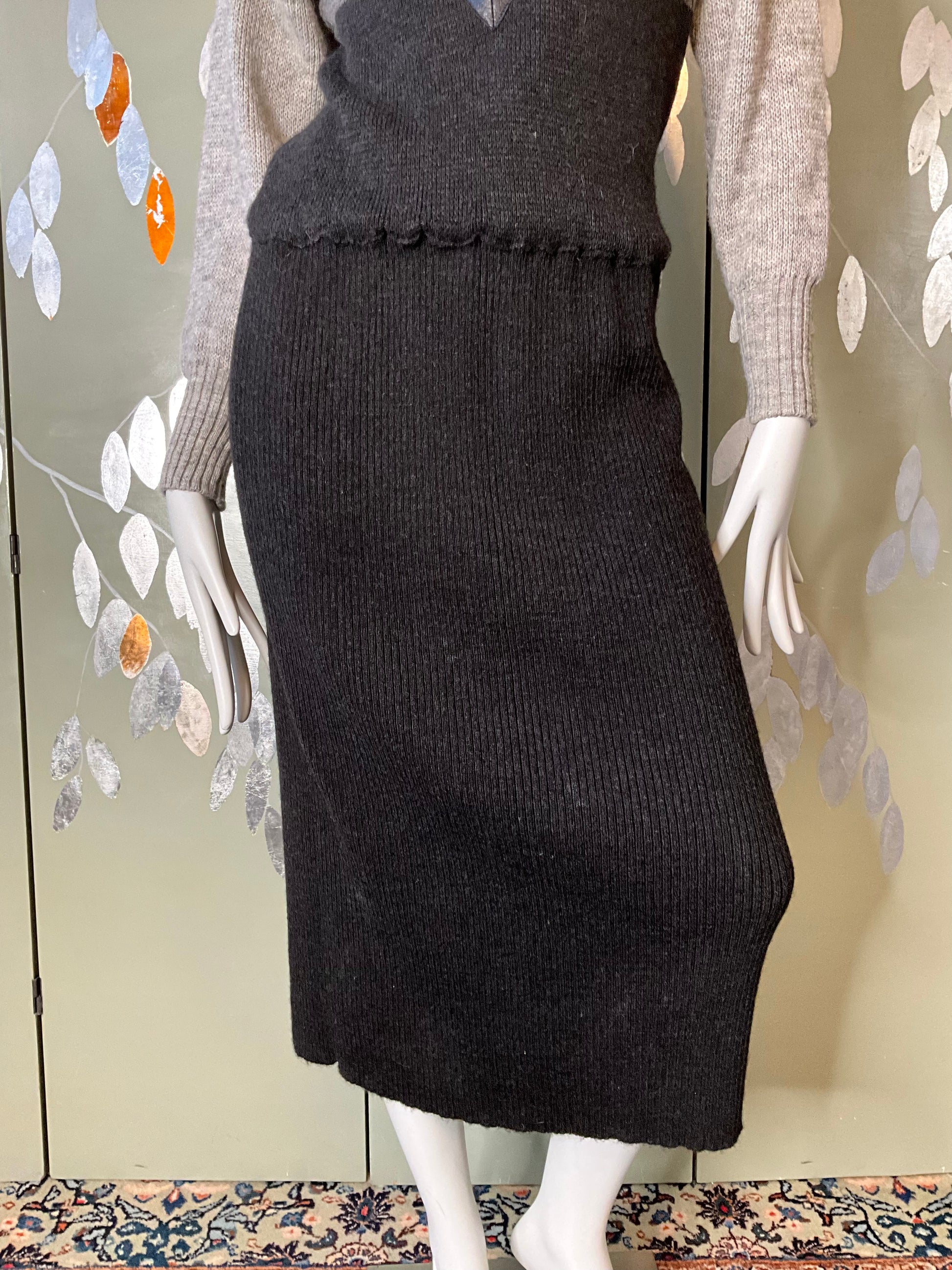 Vintage 1980s Claude Montana Grey and Black Knit Mock Neck Sweater Dress, Medium 