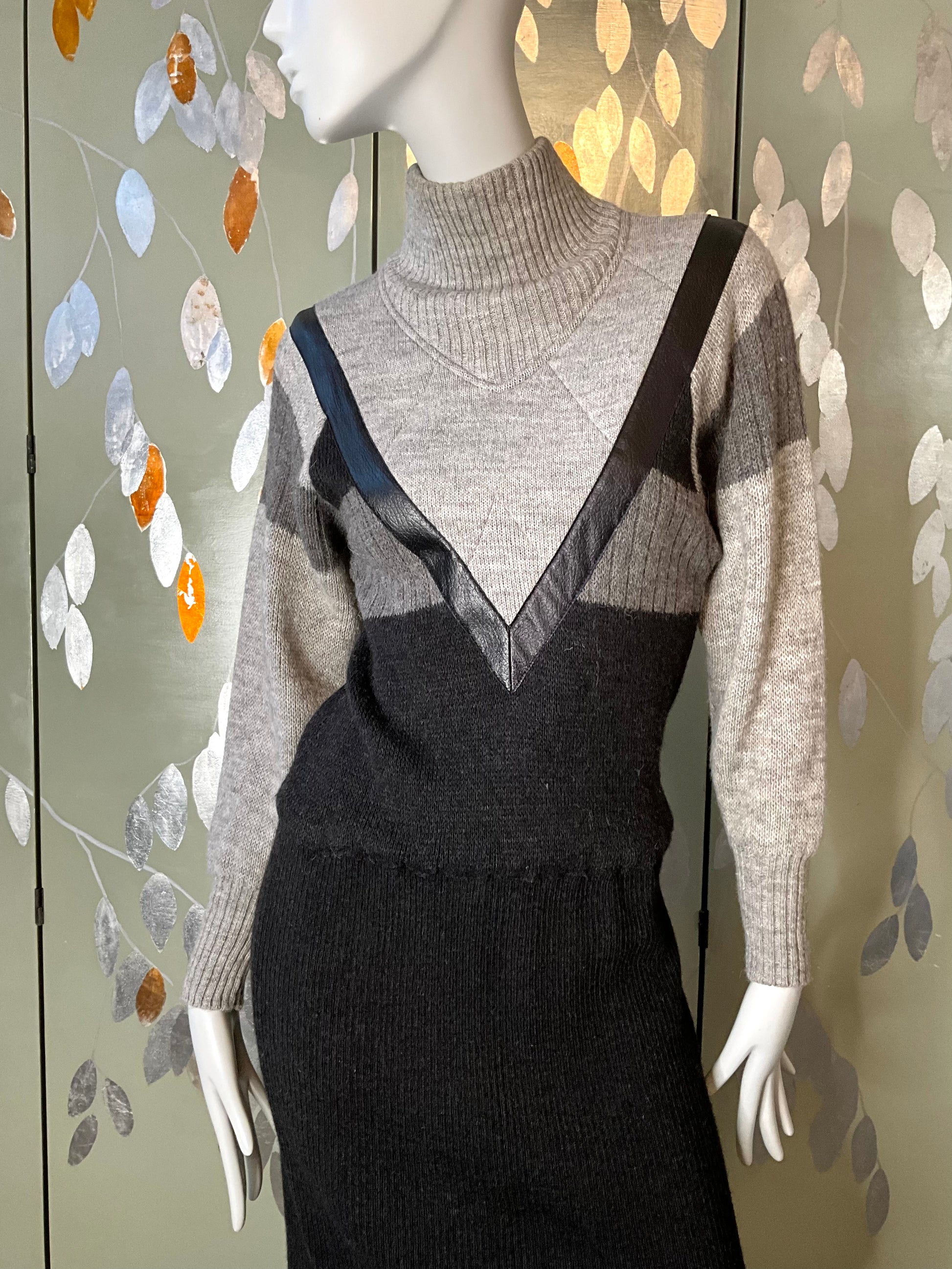 Vintage 1980s Claude Montana Grey and Black Knit Mock Neck Sweater Dress, Medium Vintage 1980s Claude Montana Grey and Black Knit Mock Neck Sweater Dress, Medium