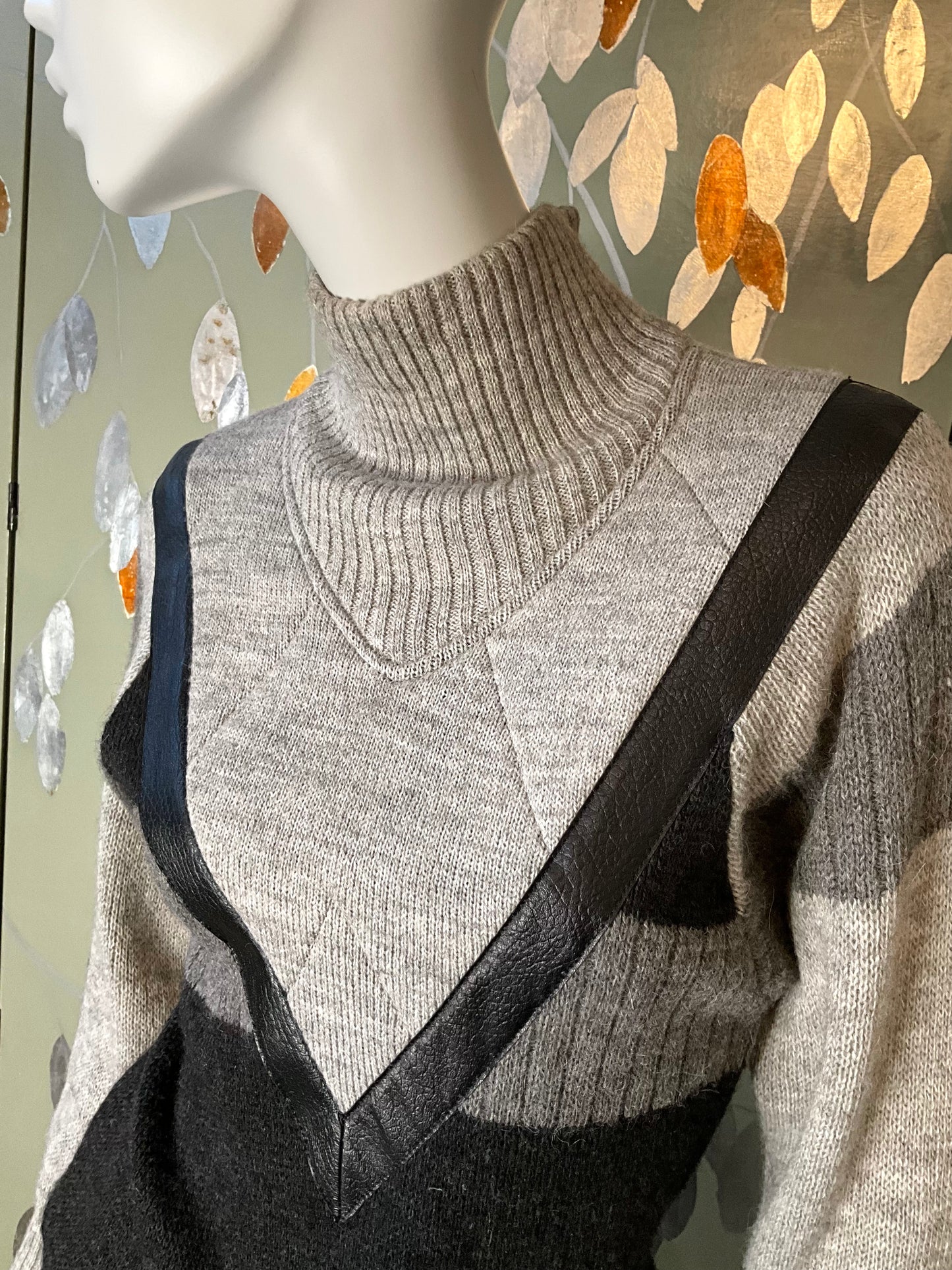 Vintage 1980s Claude Montana Grey and Black Knit Mock Neck Sweater Dress, Medium 