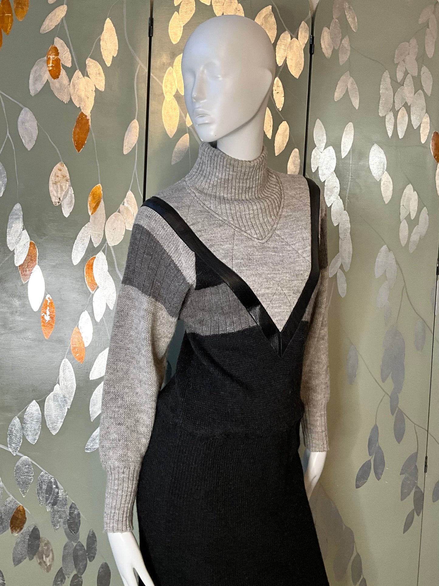 Vintage 1980s Claude Montana Grey and Black Knit Mock Neck Sweater Dress, Medium 