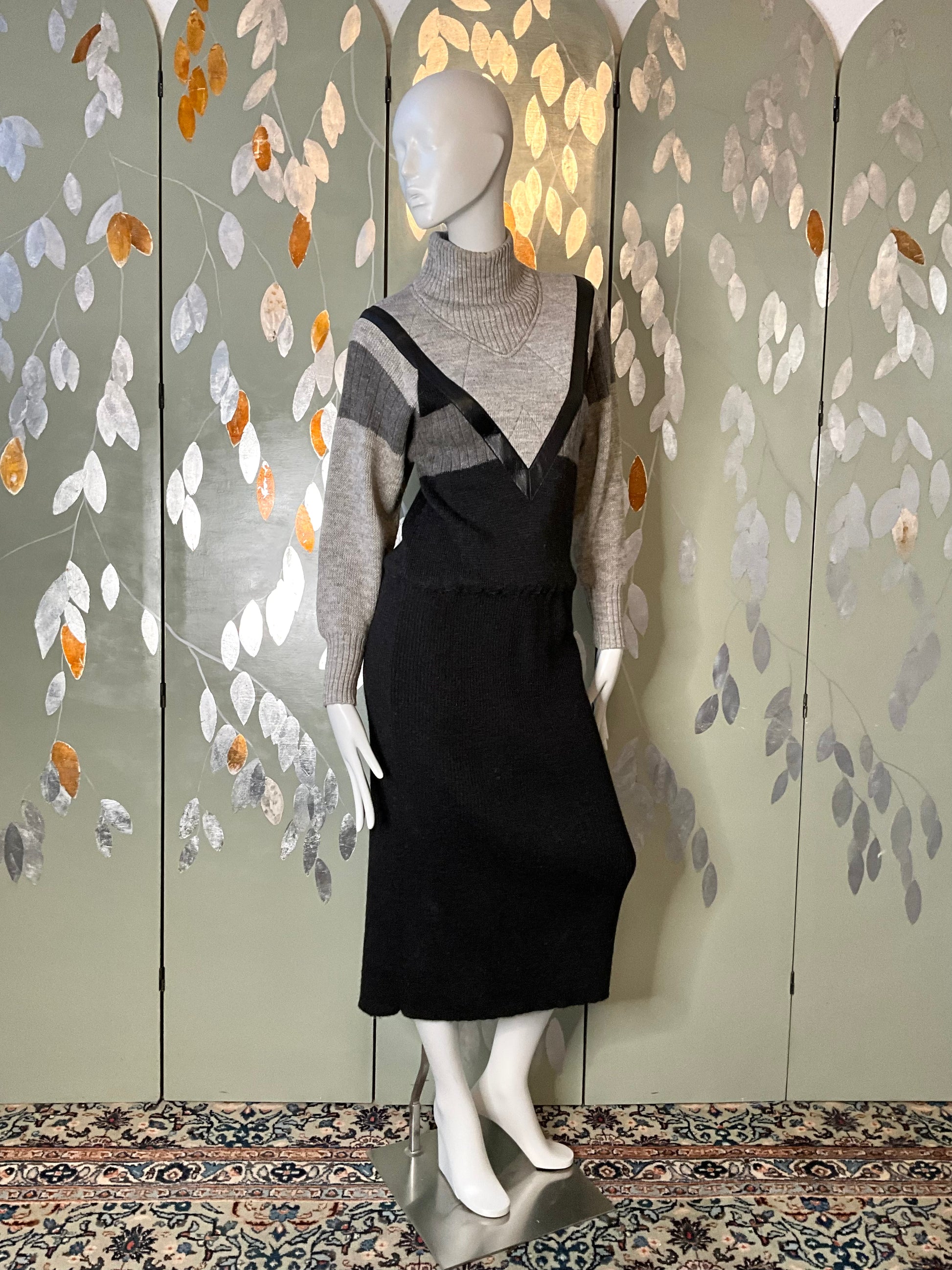 Vintage 1980s Claude Montana Grey and Black Knit Mock Neck Sweater Dress, Medium 