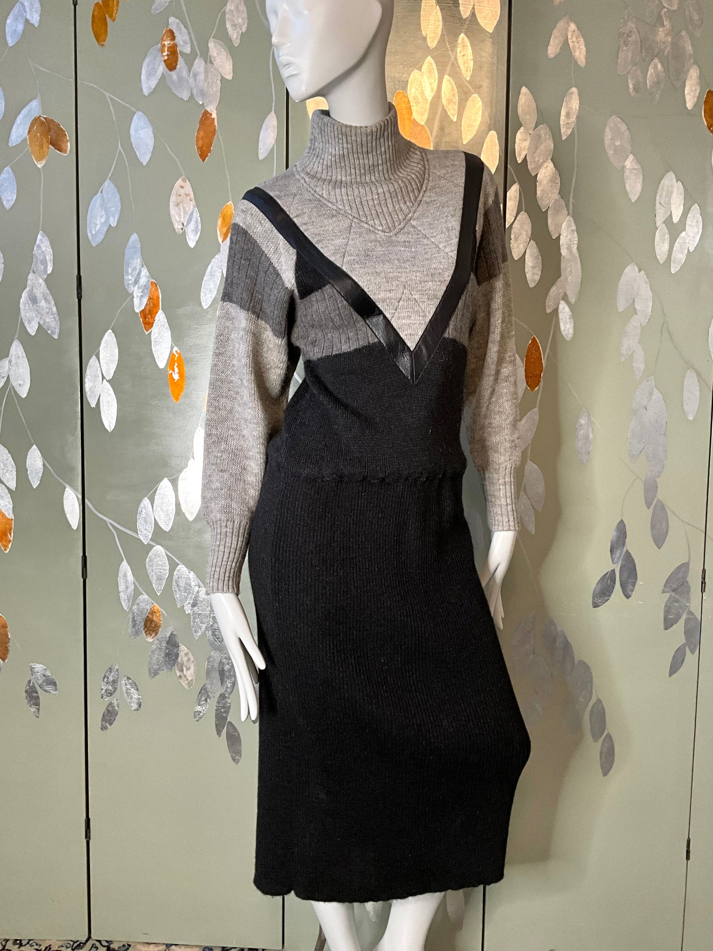 Vintage 1980s Claude Montana Grey and Black Knit Mock Neck Sweater Dress, Medium 