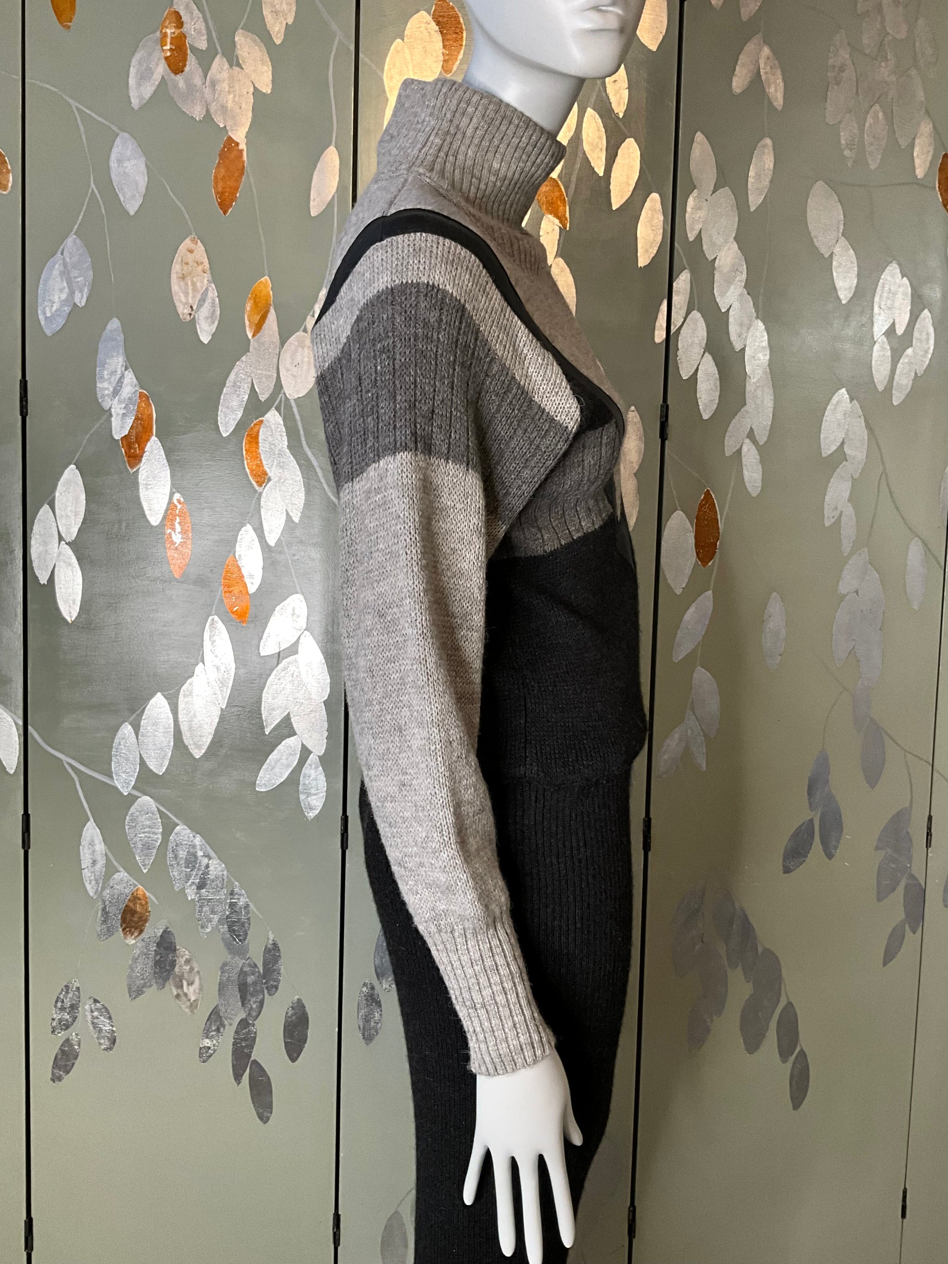 Vintage 1980s Claude Montana Grey and Black Knit Mock Neck Sweater Dress, Medium 