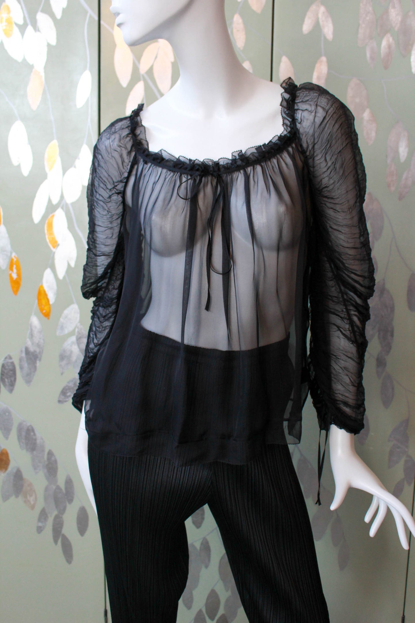 y2k Donna Karan new York Black Sheer Silk Chiffon Blouse with Gathered Sleeves, Going Out Top