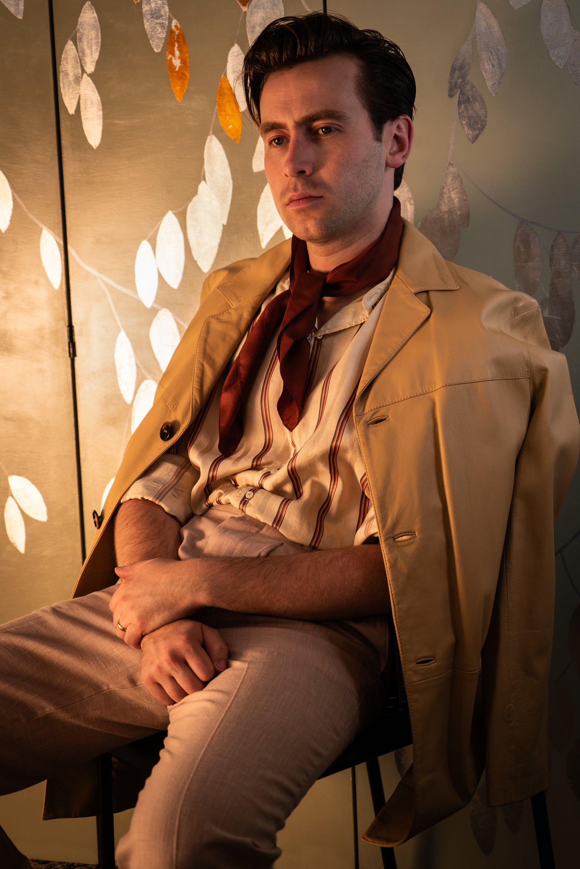 Antique 1920s Beige Pink Stripe Silk Dress Shirt, N14