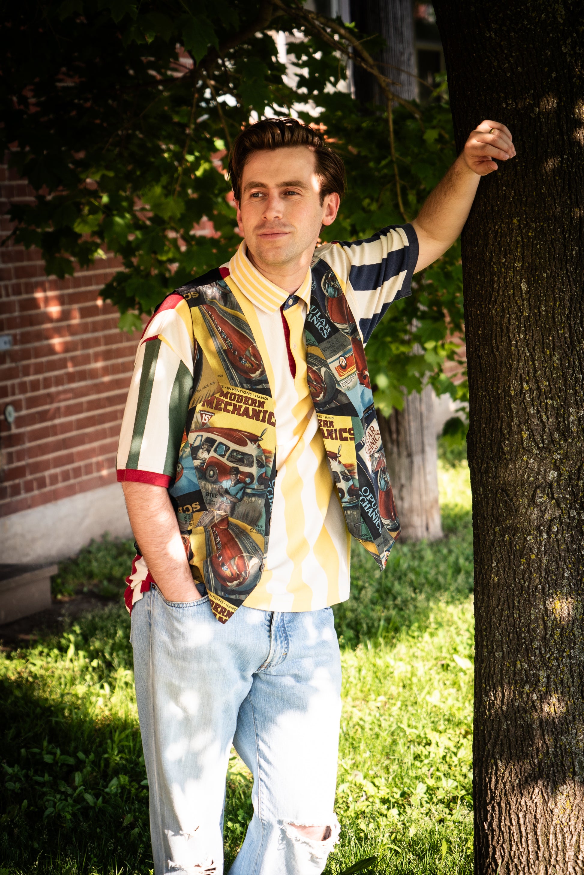 Vintage 1980s Canadian Car Mechanic Magazine Novelty Print Silk Waistcoat, Medium 