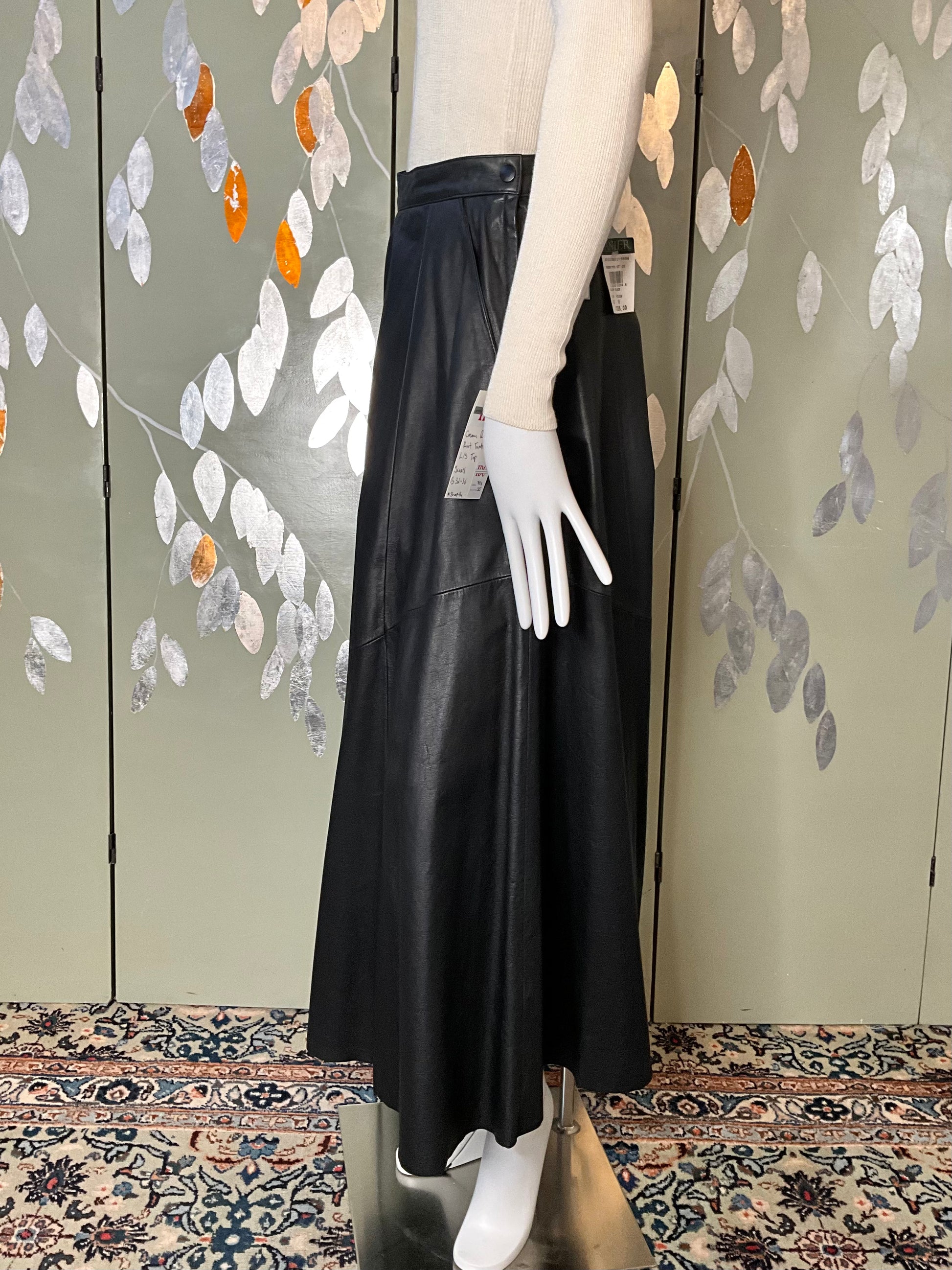 Vintage 1980s Deadstock Black Leather Danier Full Maxi Skirt, W27