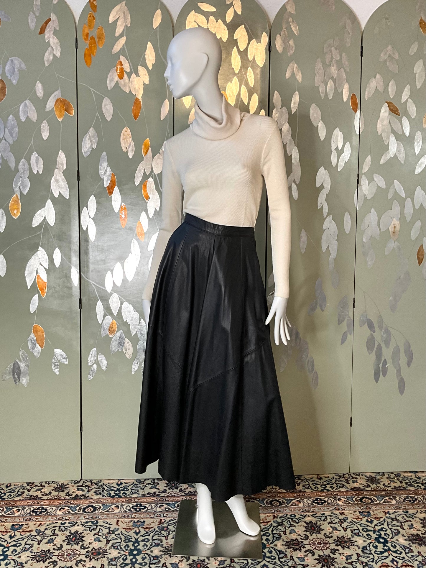 Vintage 1980s Deadstock Black Leather Danier Full Maxi Skirt, W27