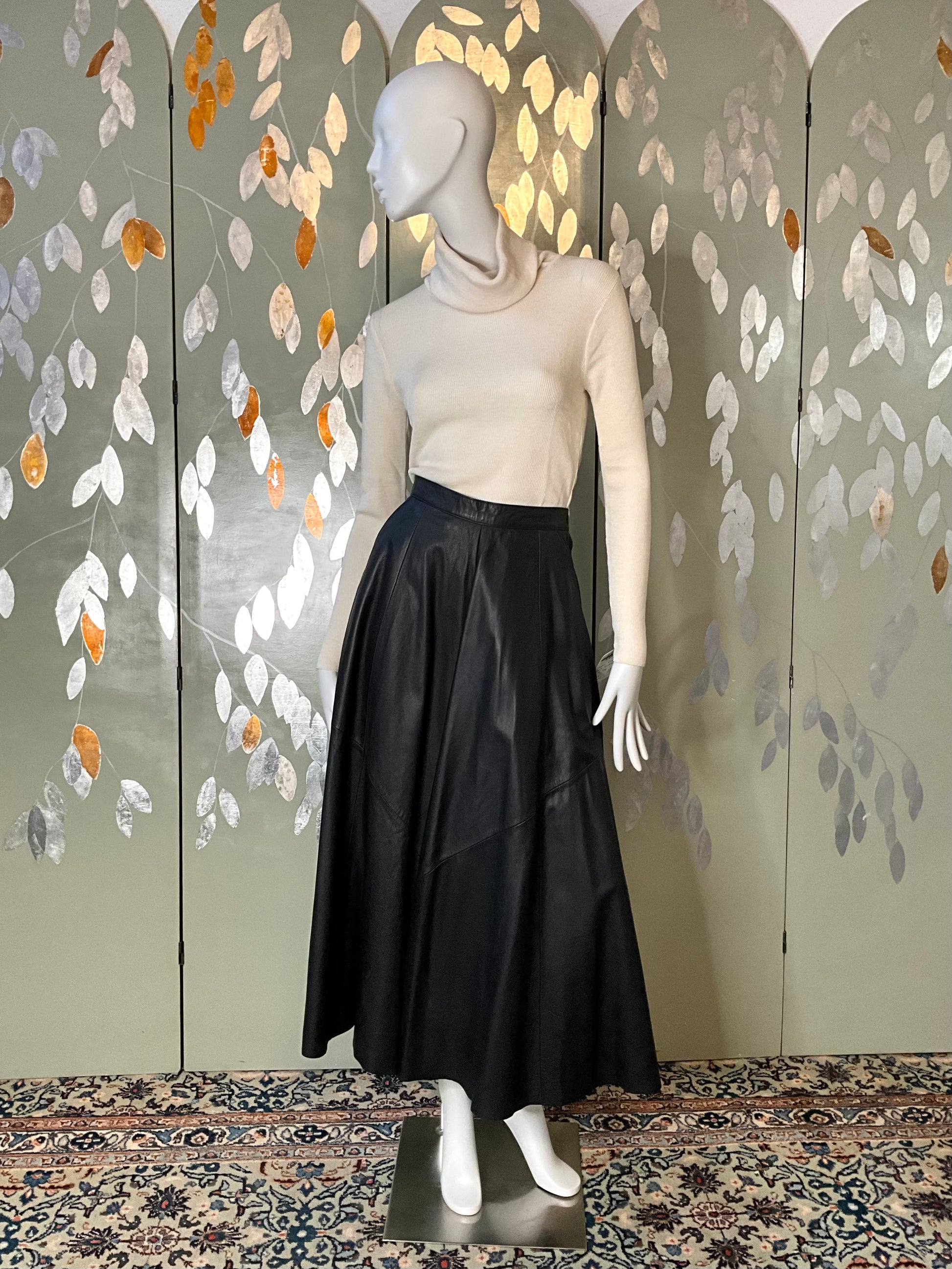 Vintage 1980s Deadstock Black Leather Danier Full Maxi Skirt, W27