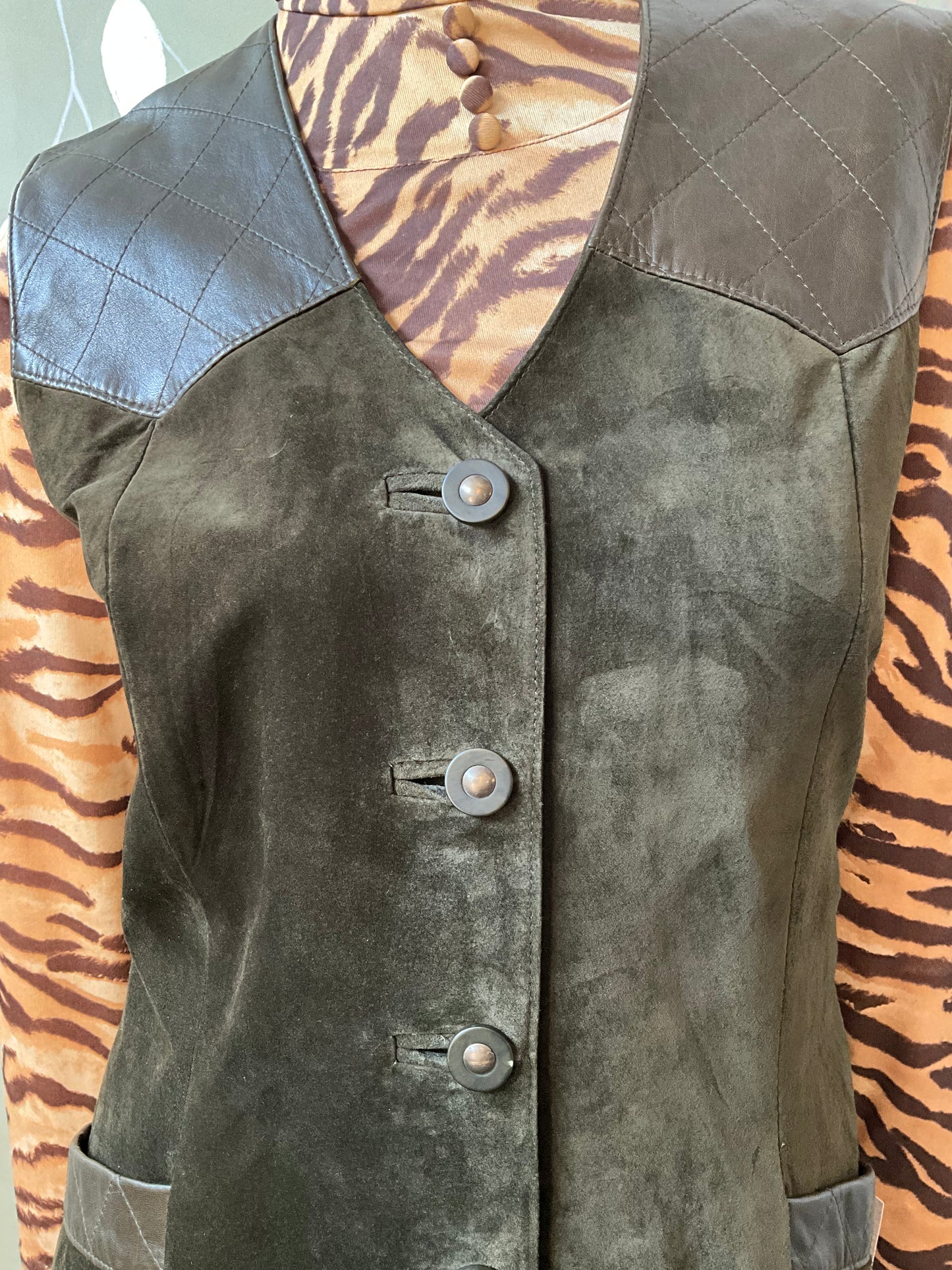 Vintage 1990s Danier Olive Green Suede and Leather Vest, Medium