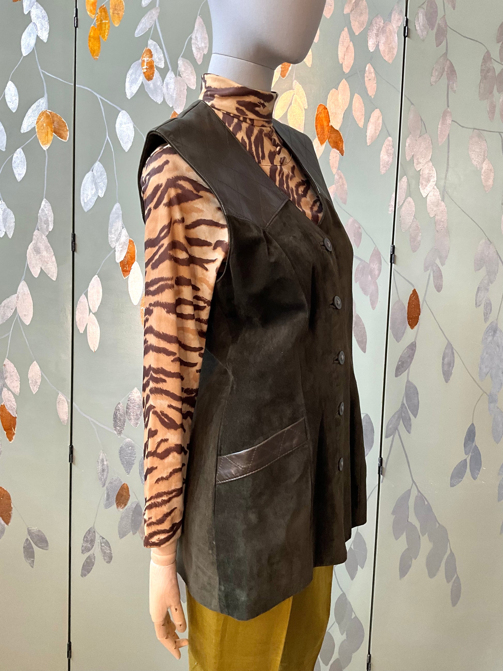 Vintage 1990s Danier Olive Green Suede and Leather Vest, Medium