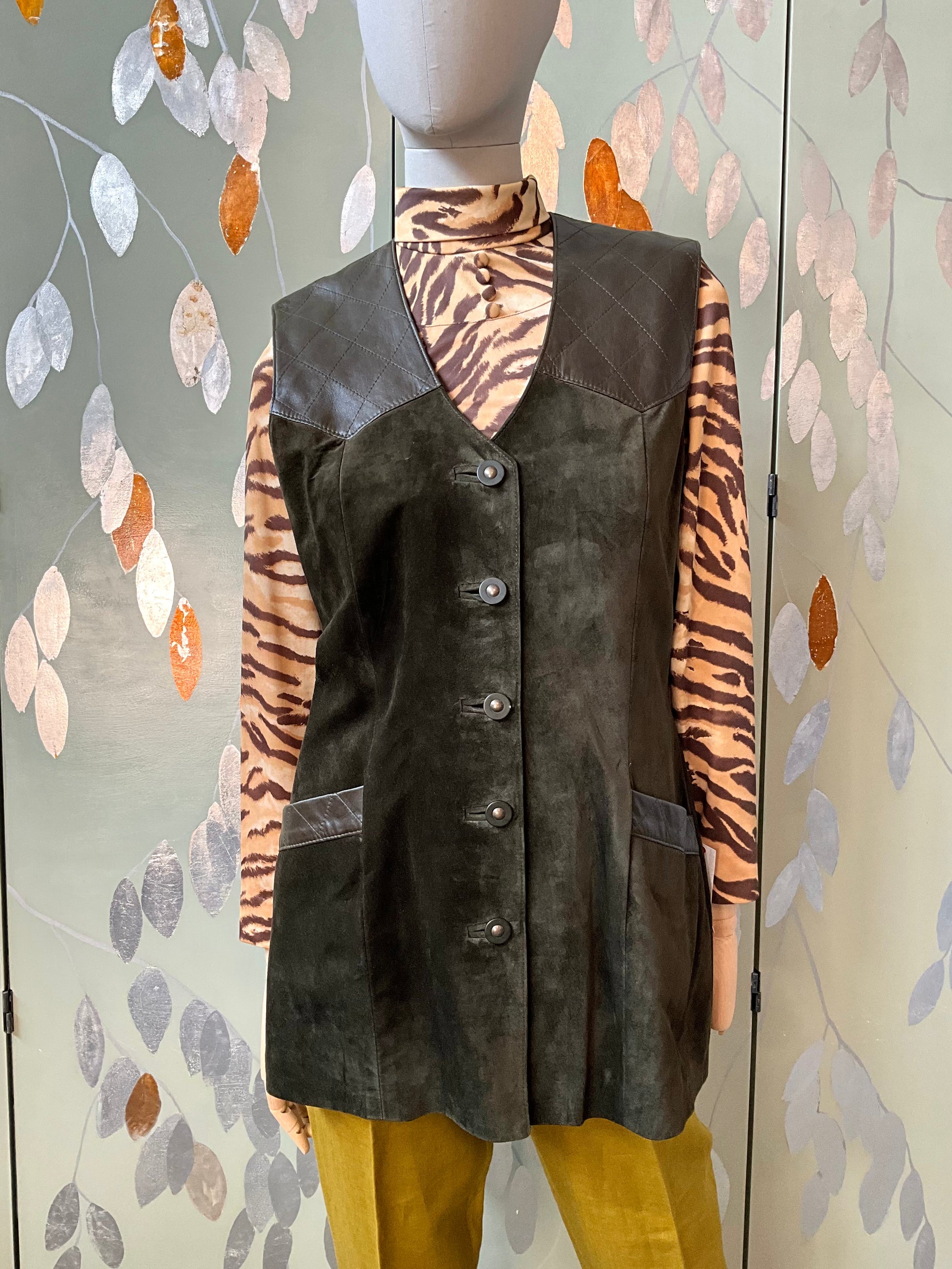 Vintage 1990s Danier Olive Green Suede and Leather Vest, Medium