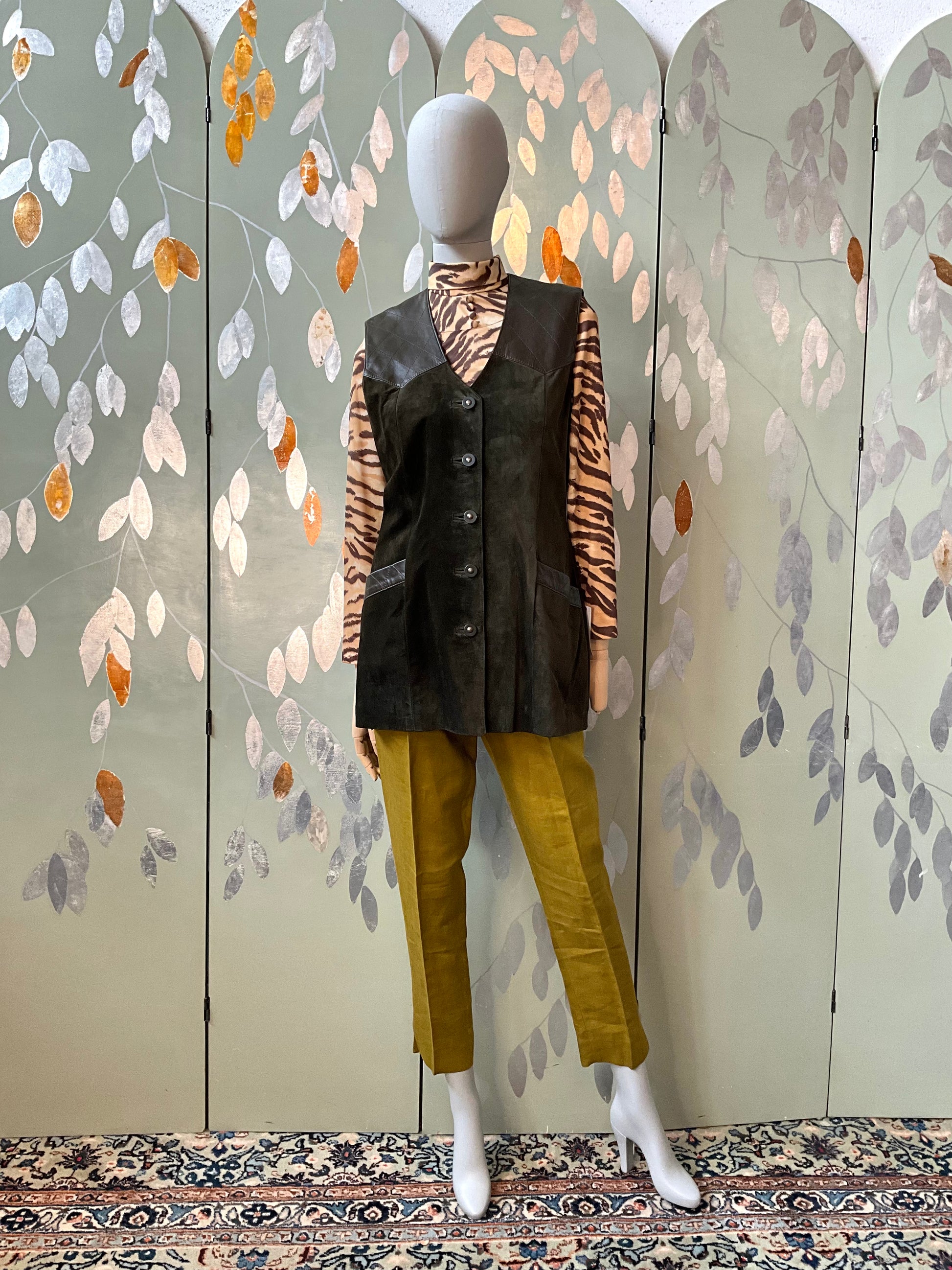 Vintage 1990s Danier Olive Green Suede and Leather Vest, Medium