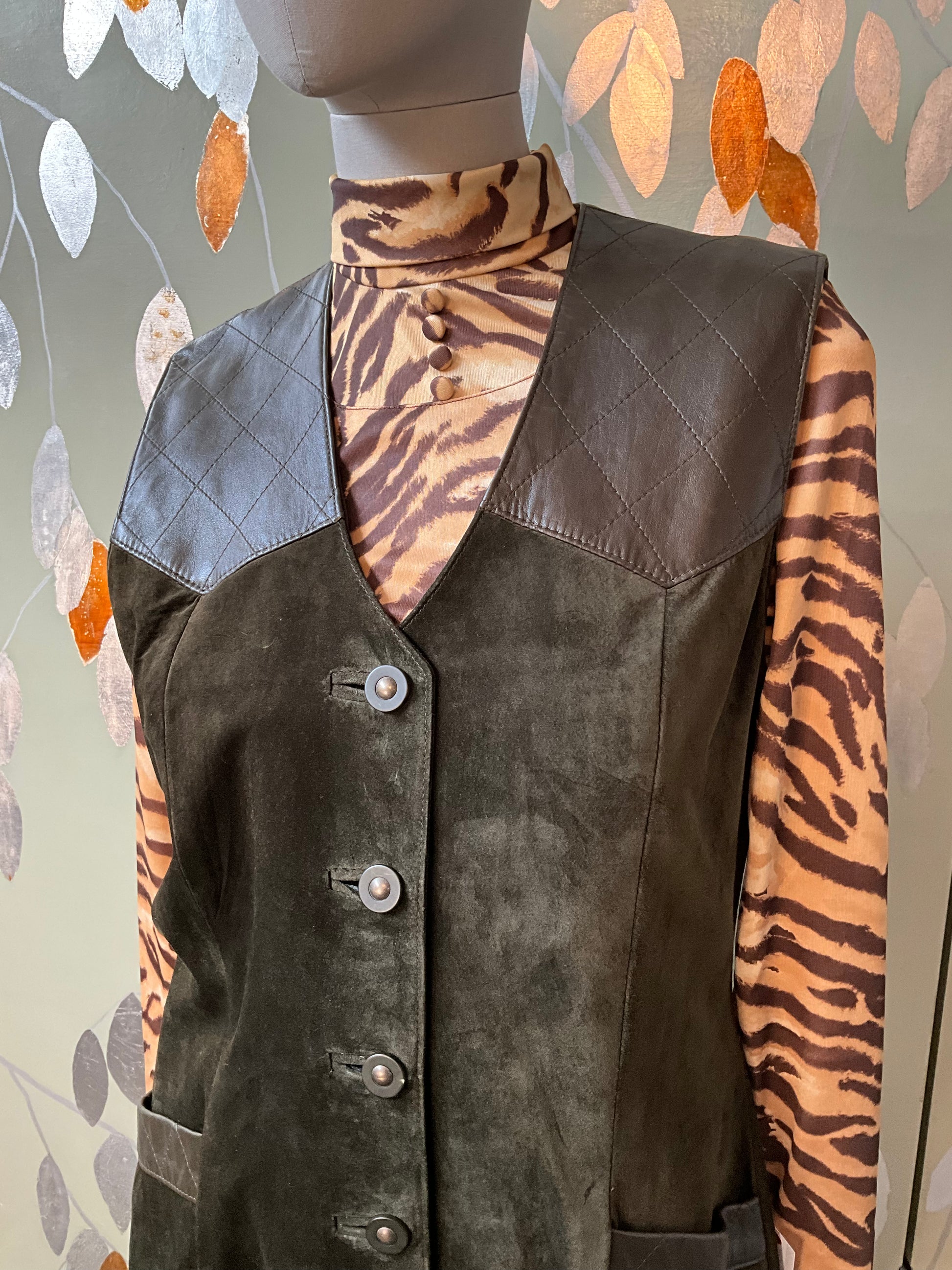 Vintage 1990s Danier Olive Green Suede and Leather Vest, Medium