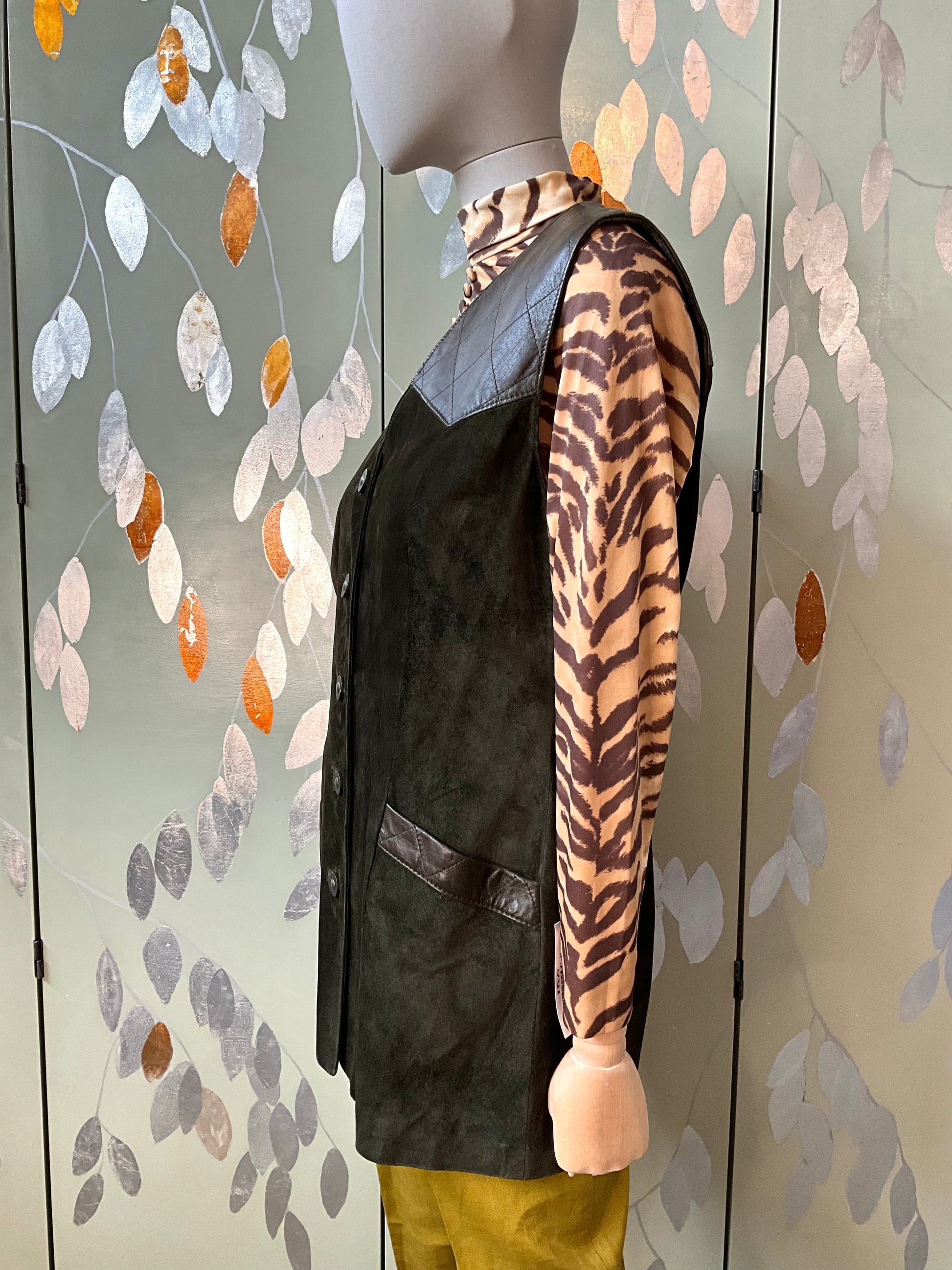 Vintage 1990s Danier Olive Green Suede and Leather Vest, Medium