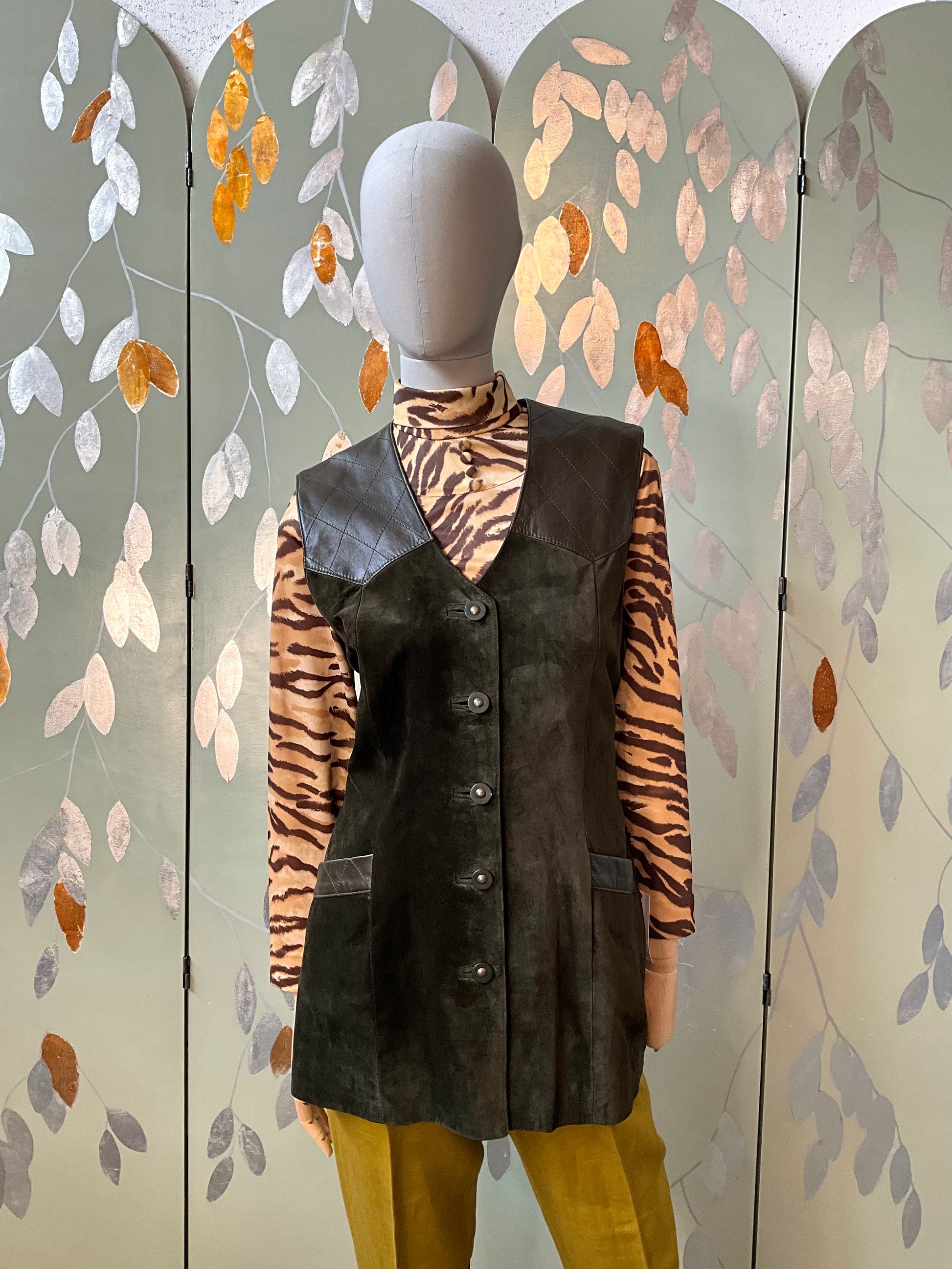 Vintage 1990s Danier Olive Green Suede and Leather Vest, Medium