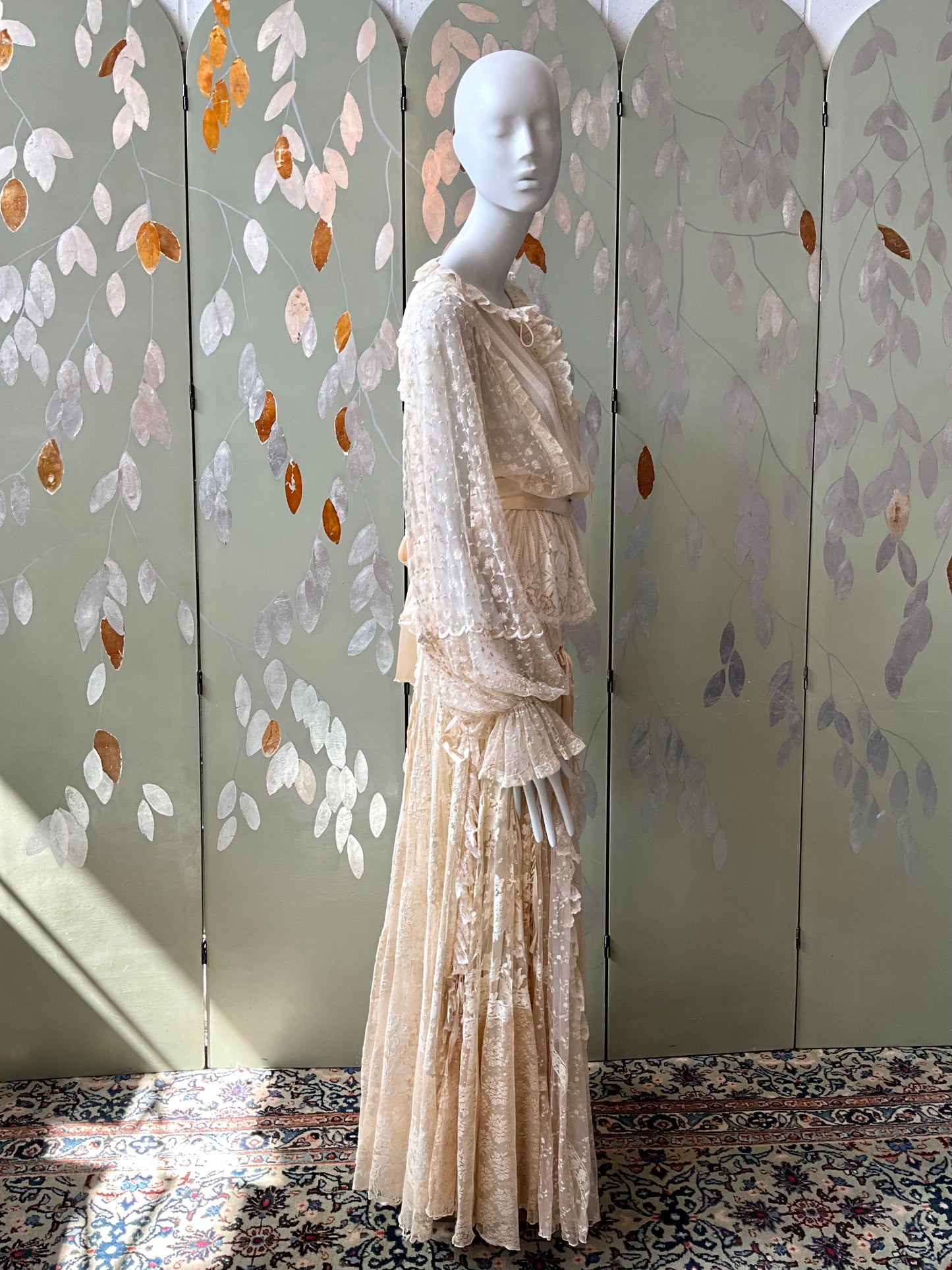 Vintage 1980s Romantic Cream Lace Two Piece Evening Maxi Skirt and Blouse Set, XS 