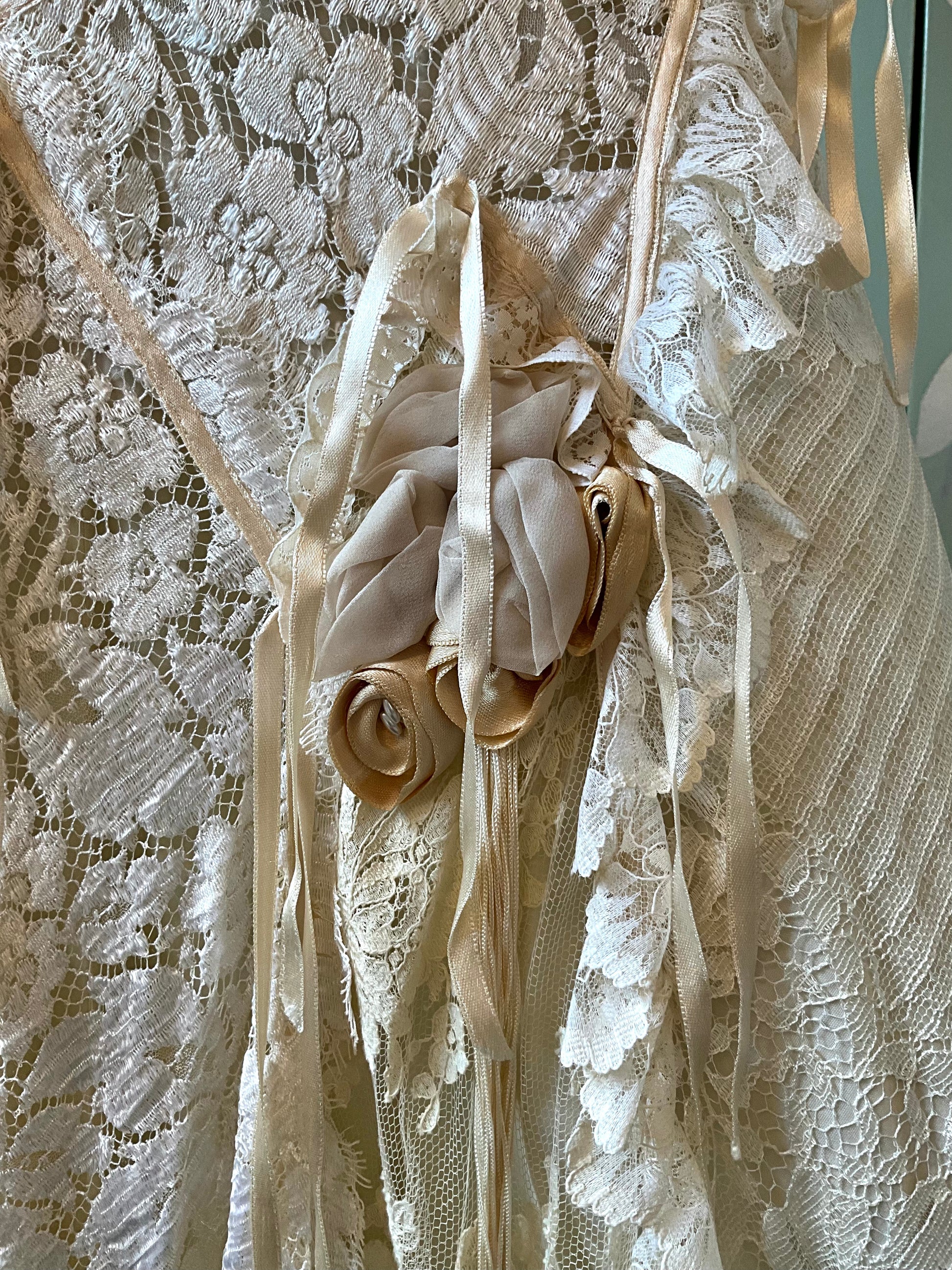 Vintage 1980s Romantic Cream Lace Two Piece Evening Maxi Skirt and Blouse Set, XS 