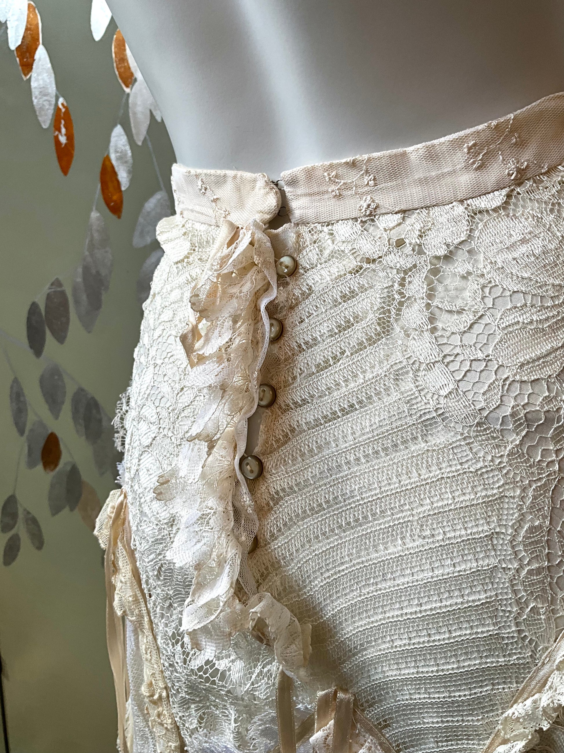 Vintage 1980s Romantic Cream Lace Two Piece Evening Maxi Skirt and Blouse Set, XS 