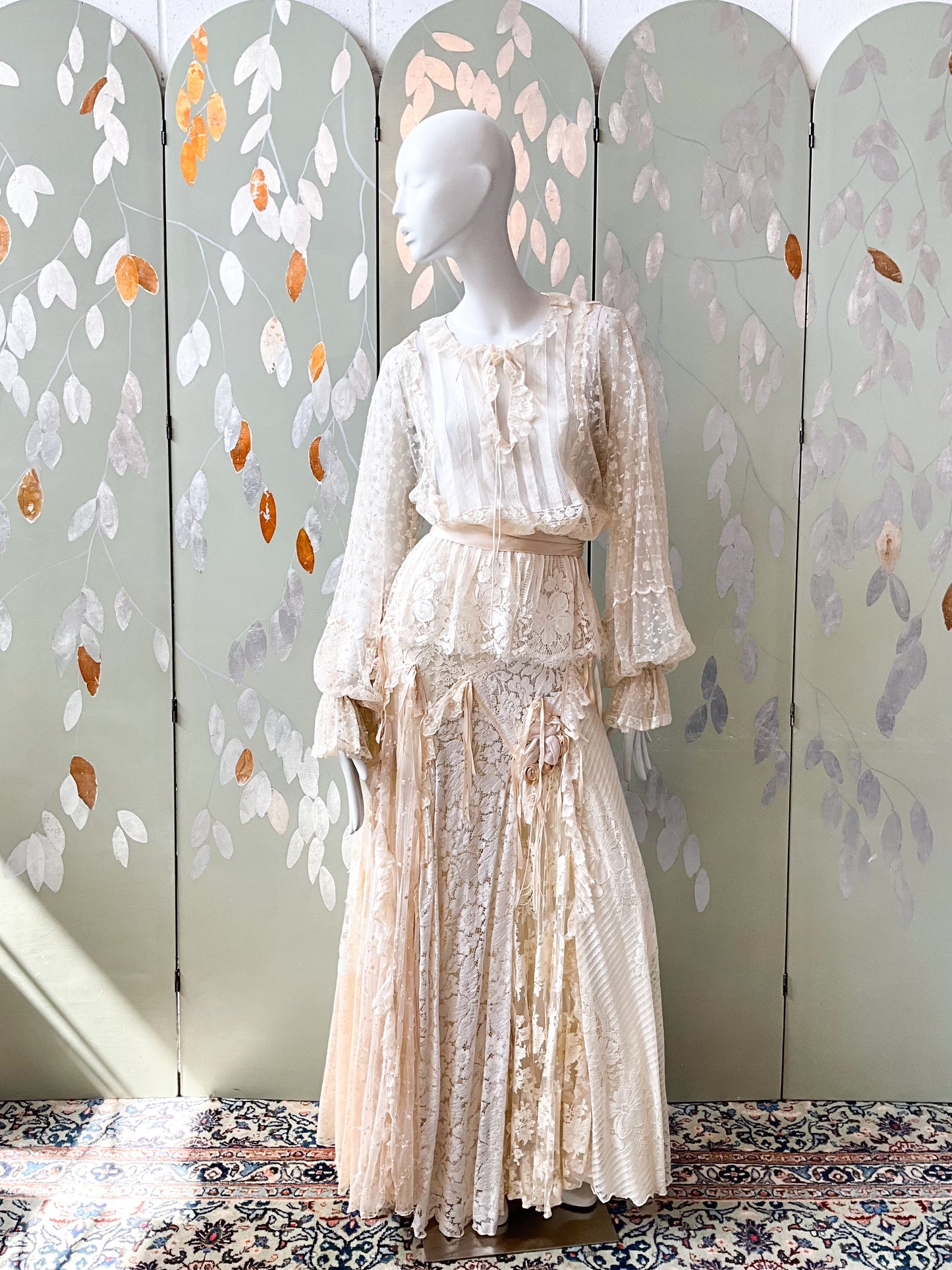 Vintage 1980s Romantic Cream Lace Two Piece Evening Maxi Skirt and Blouse Set, XS